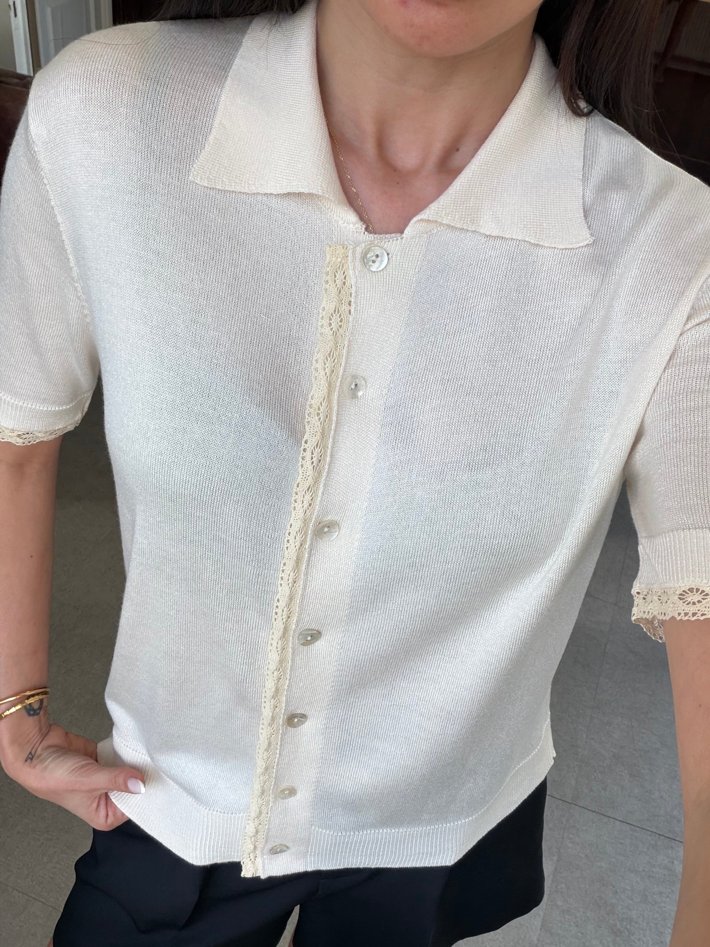 Krem Kısa Kollu Triko Hırka