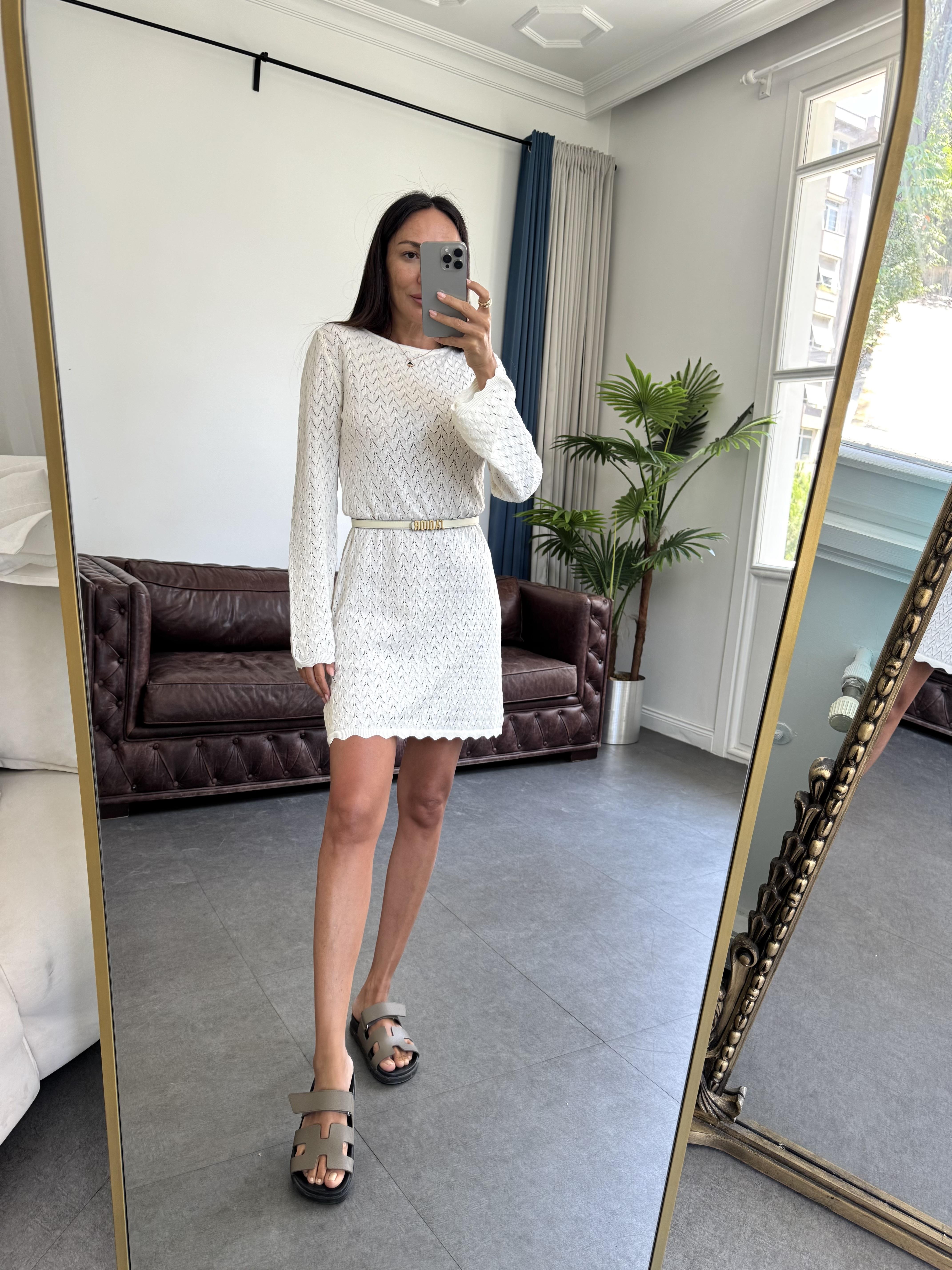 Krem Mini Örme Elbise