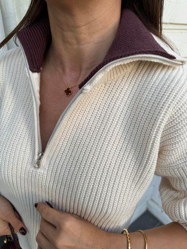 Krem Polo Yaka Fermuarlı Kazak