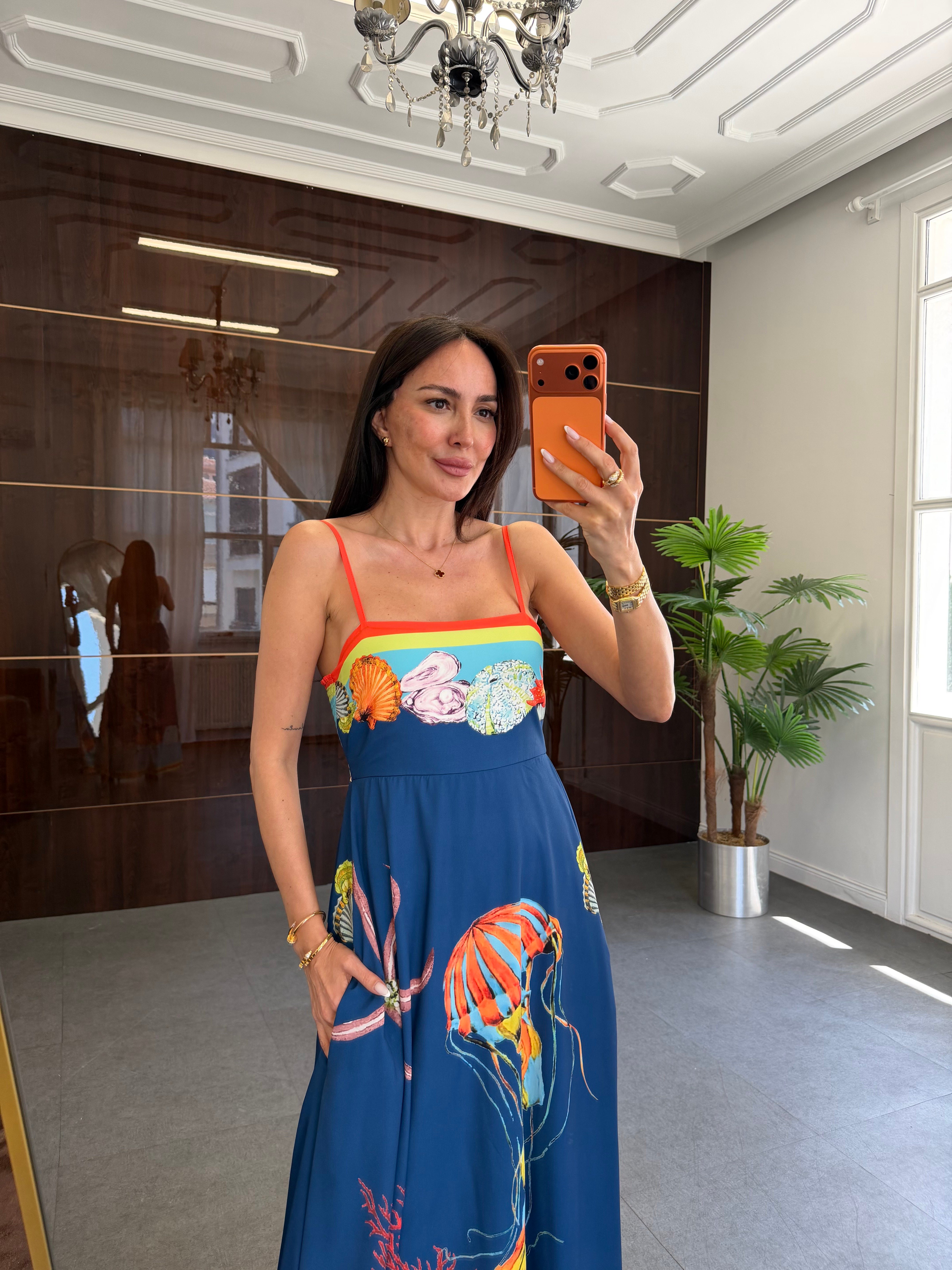 Lacivert Askılı Karışık Desenli Elbise