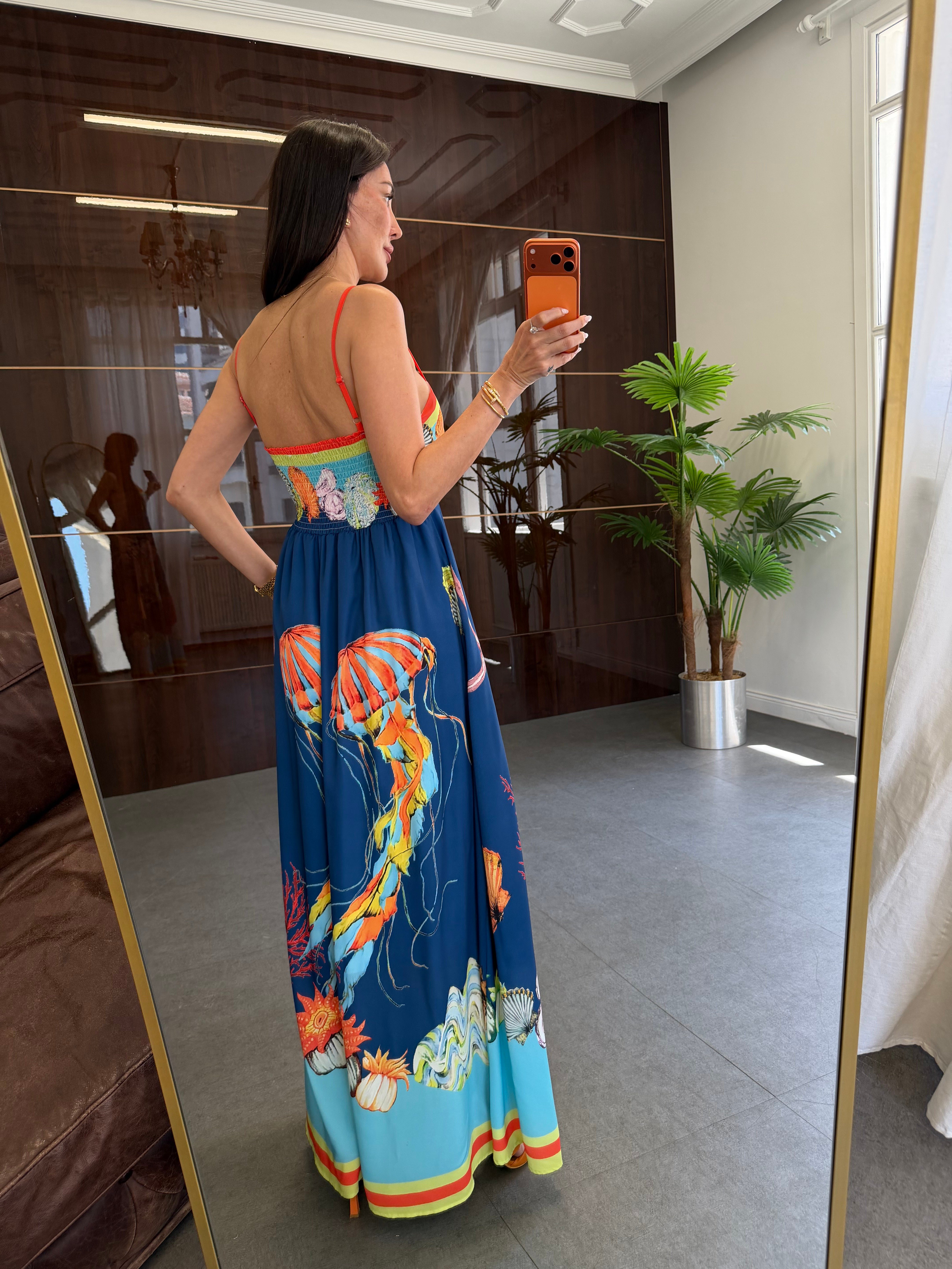 Lacivert Askılı Karışık Desenli Elbise