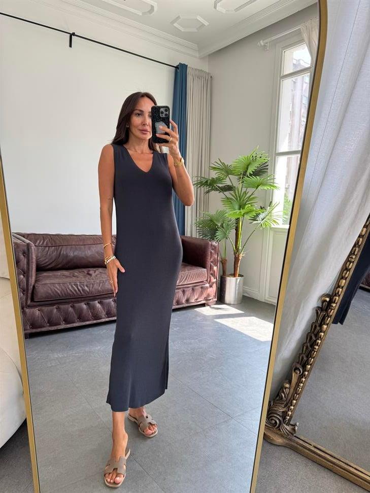 Lacivert Çelik Örme V Yaka Elbise