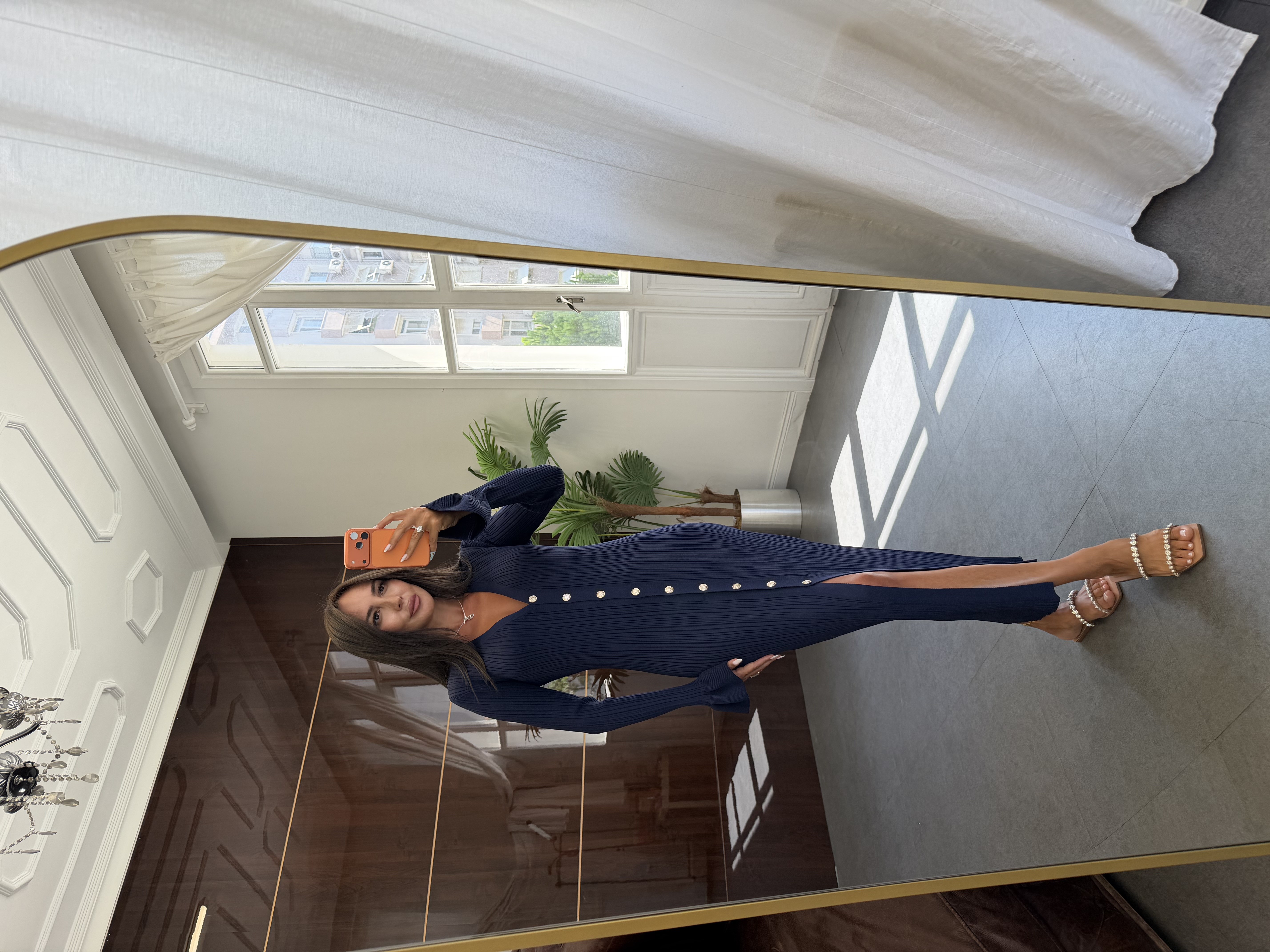 Lacivert Çelik Örme V Yaka Uzun Elbise