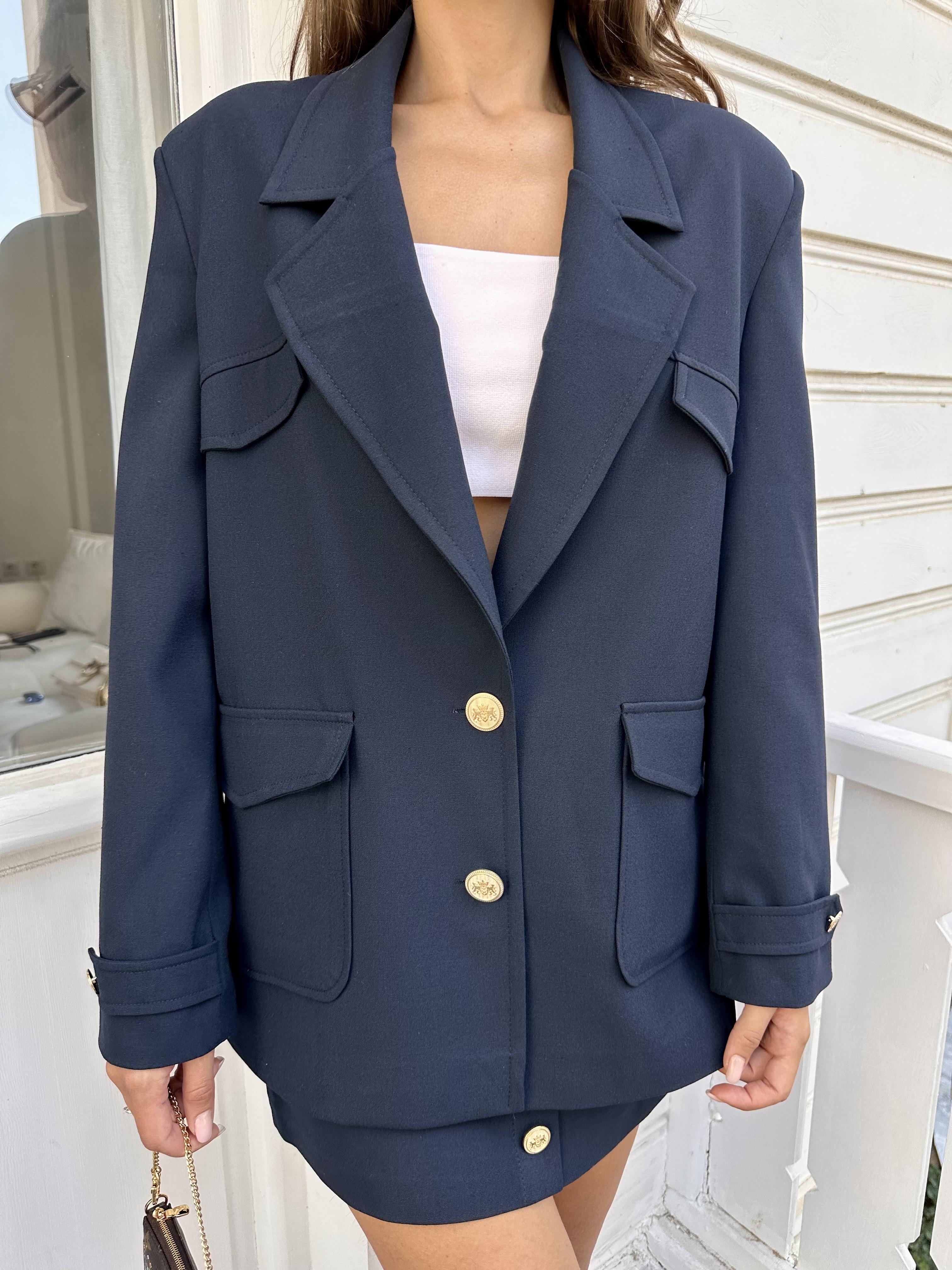 Lacivert Cep Detaylı Oversize Ceket