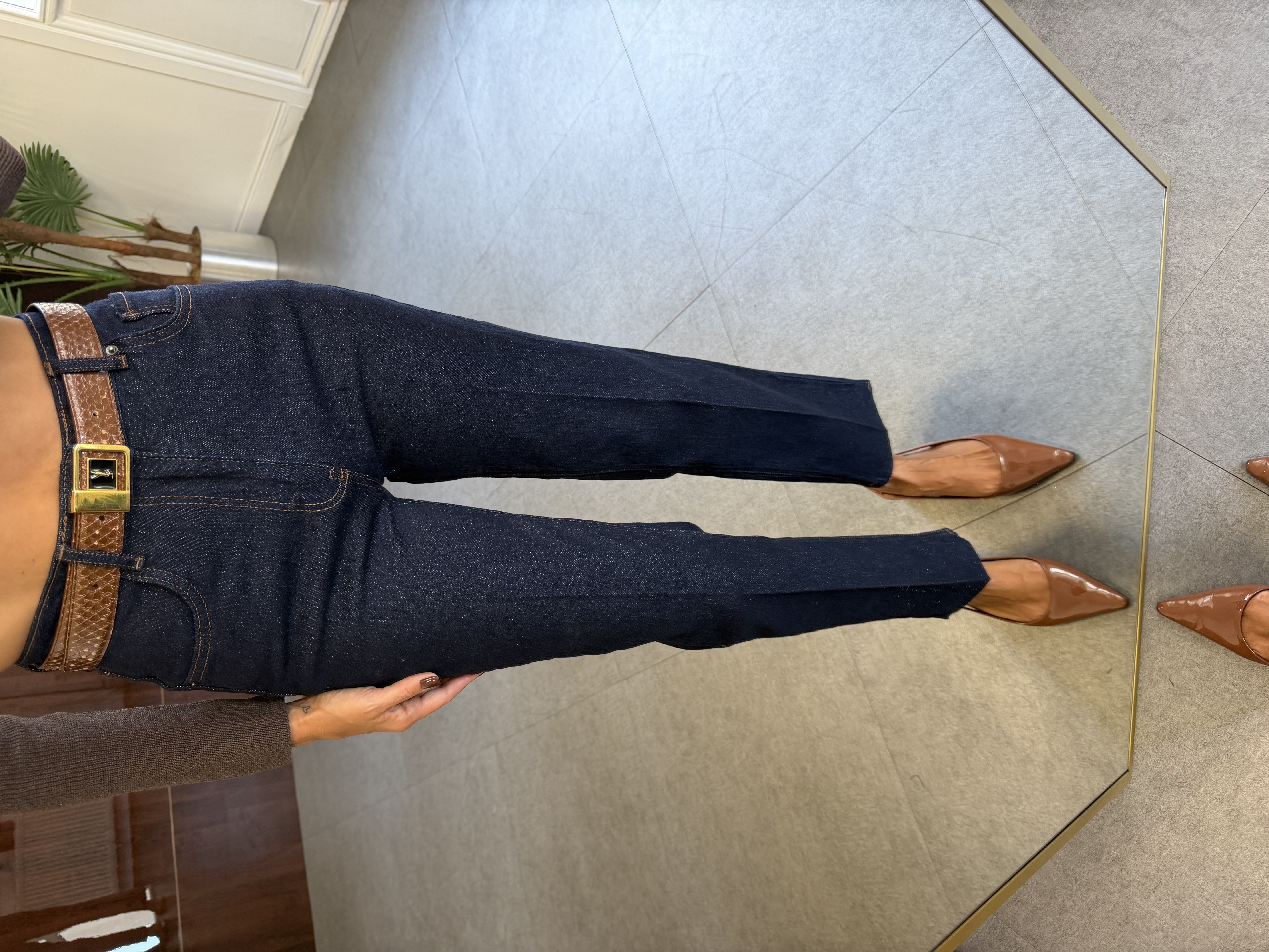 Lacivert Çizgi Ütü Straight Jean Pantolon