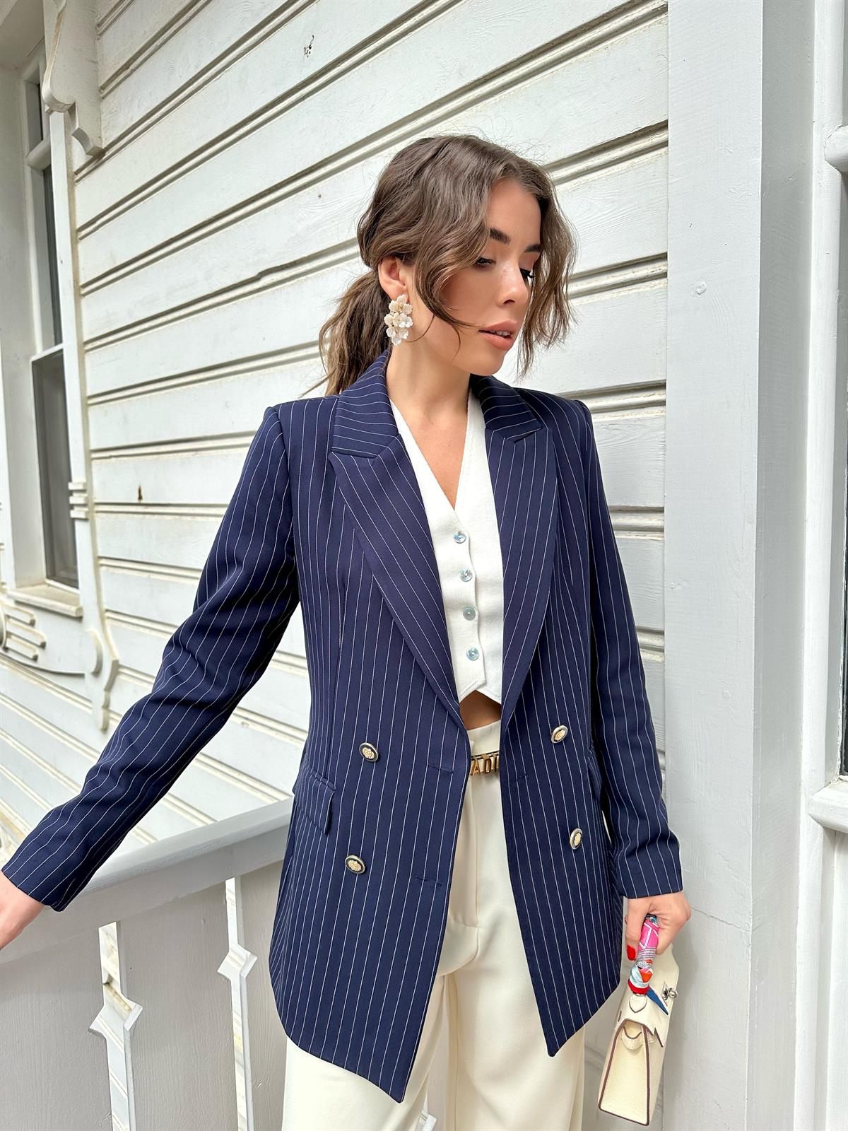 Lacivert Çizgili Blazer Ceket