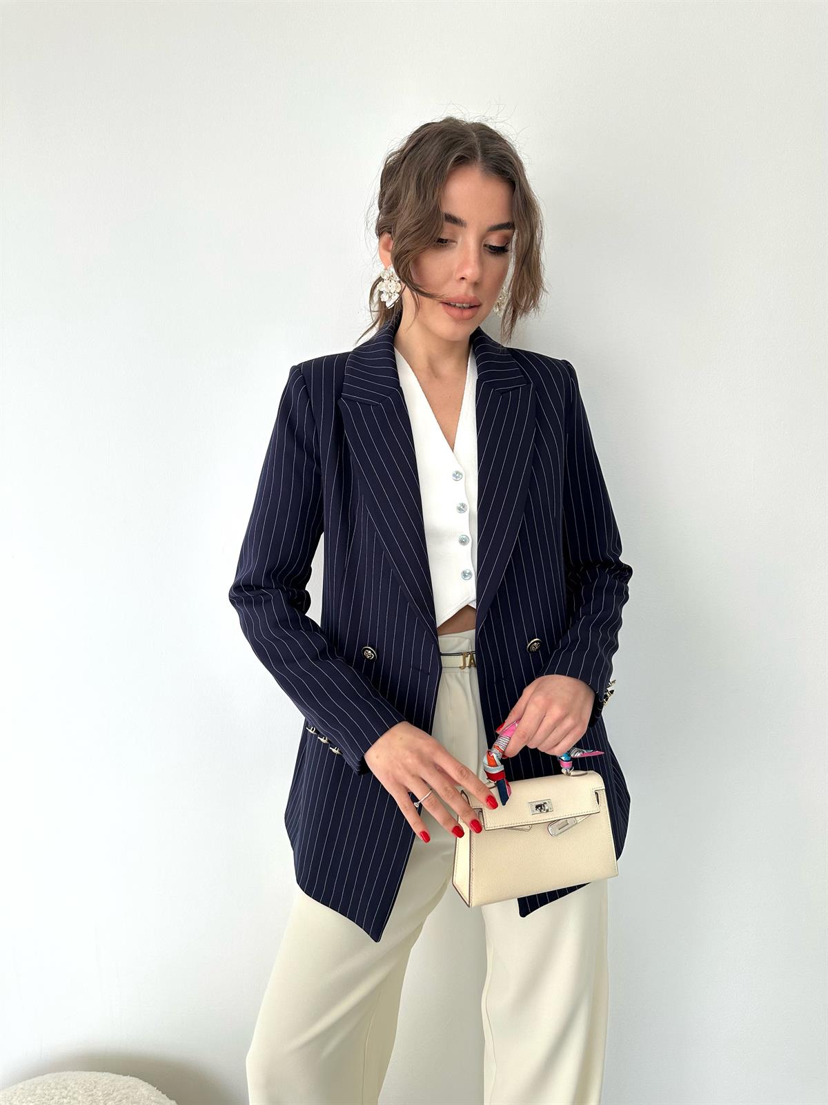 Lacivert Çizgili Blazer Ceket
