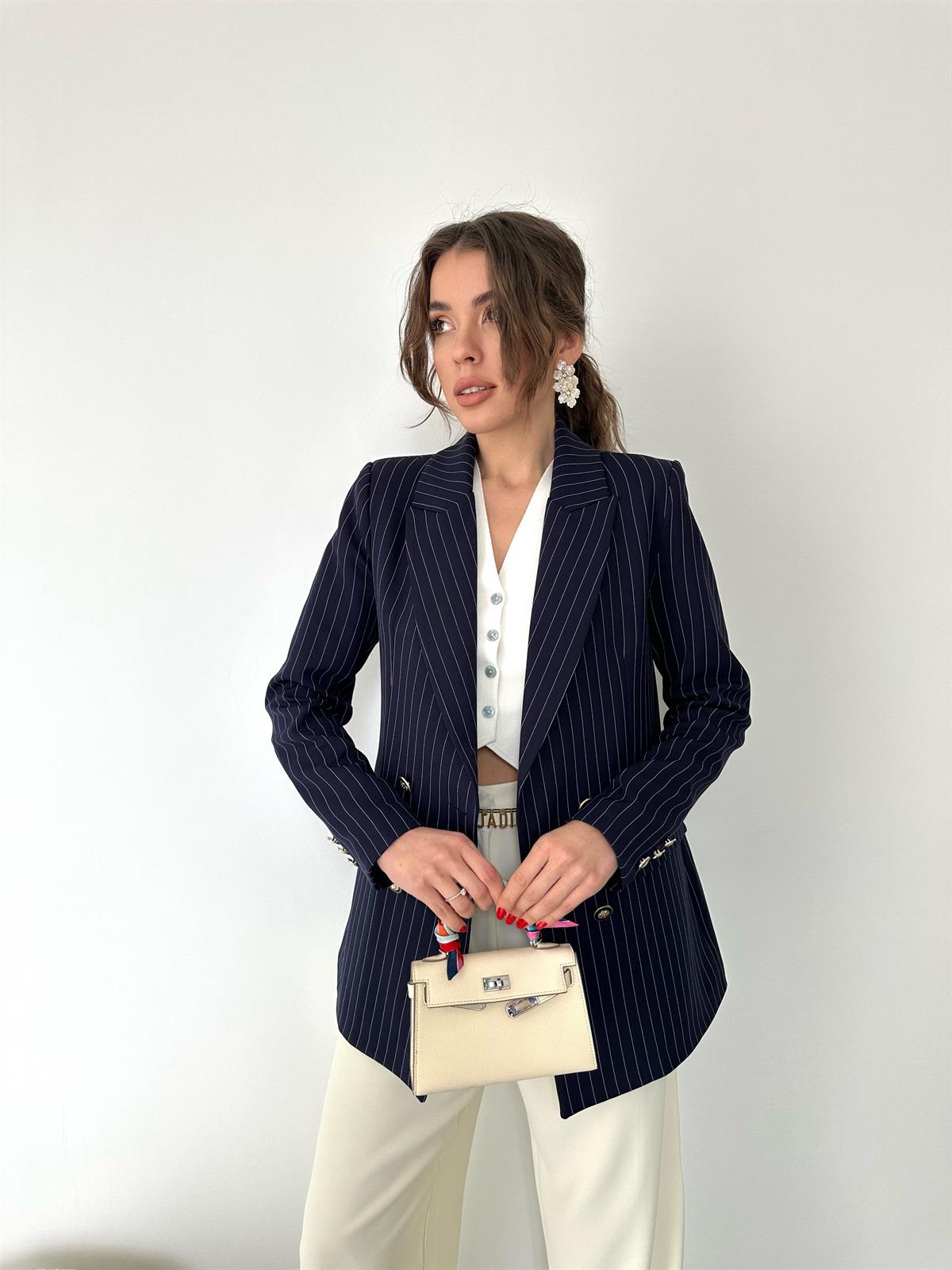 Lacivert Çizgili Blazer Ceket