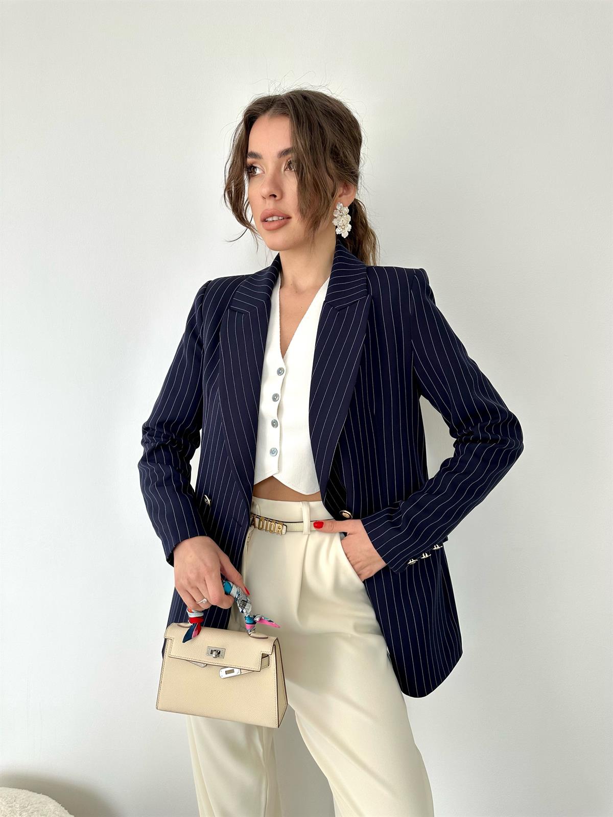 Lacivert Çizgili Blazer Ceket