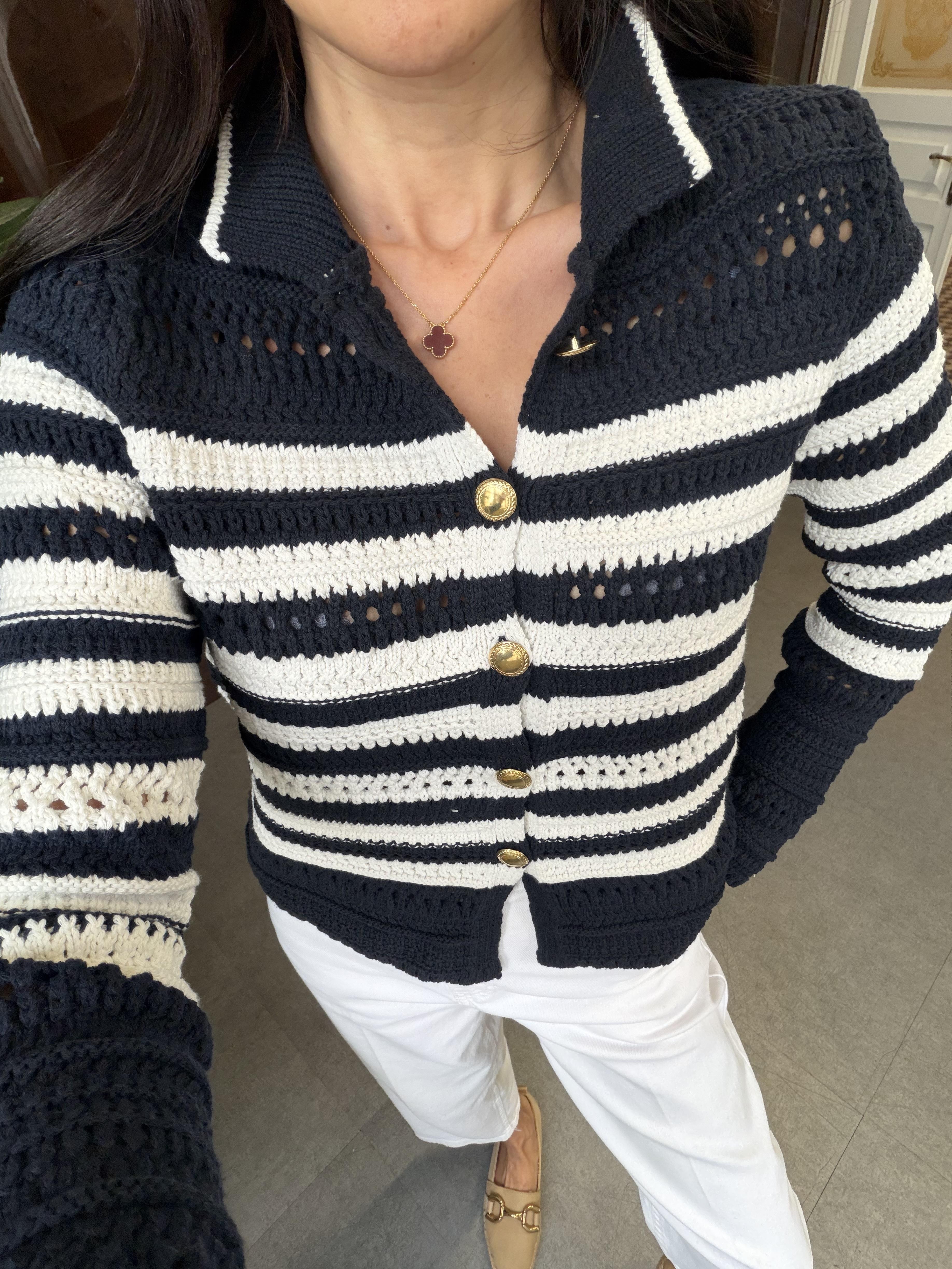 Lacivert Çizgili Gold Düğmeli Ajurlu Hırka