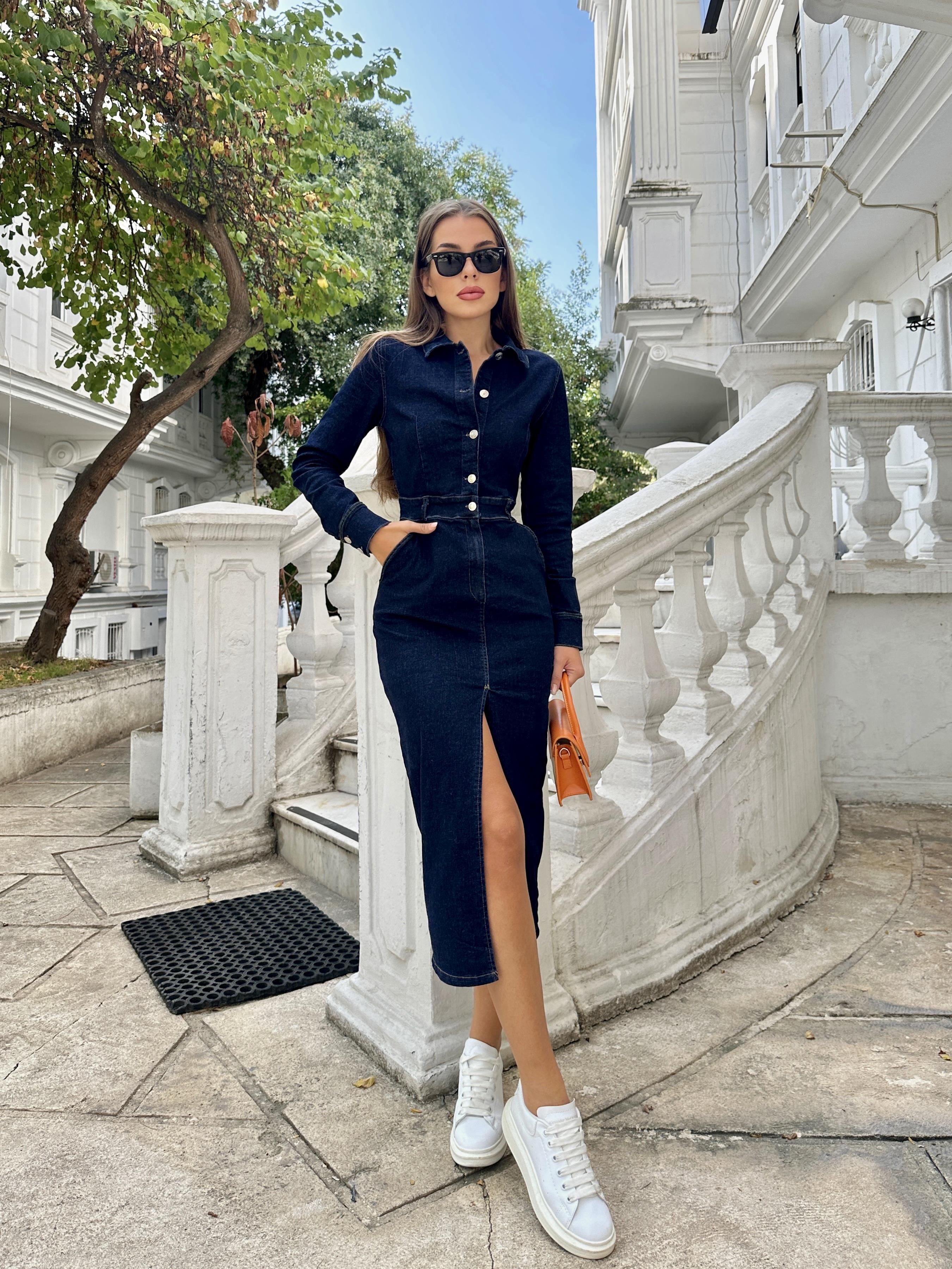 Lacivert Denim Elbise
