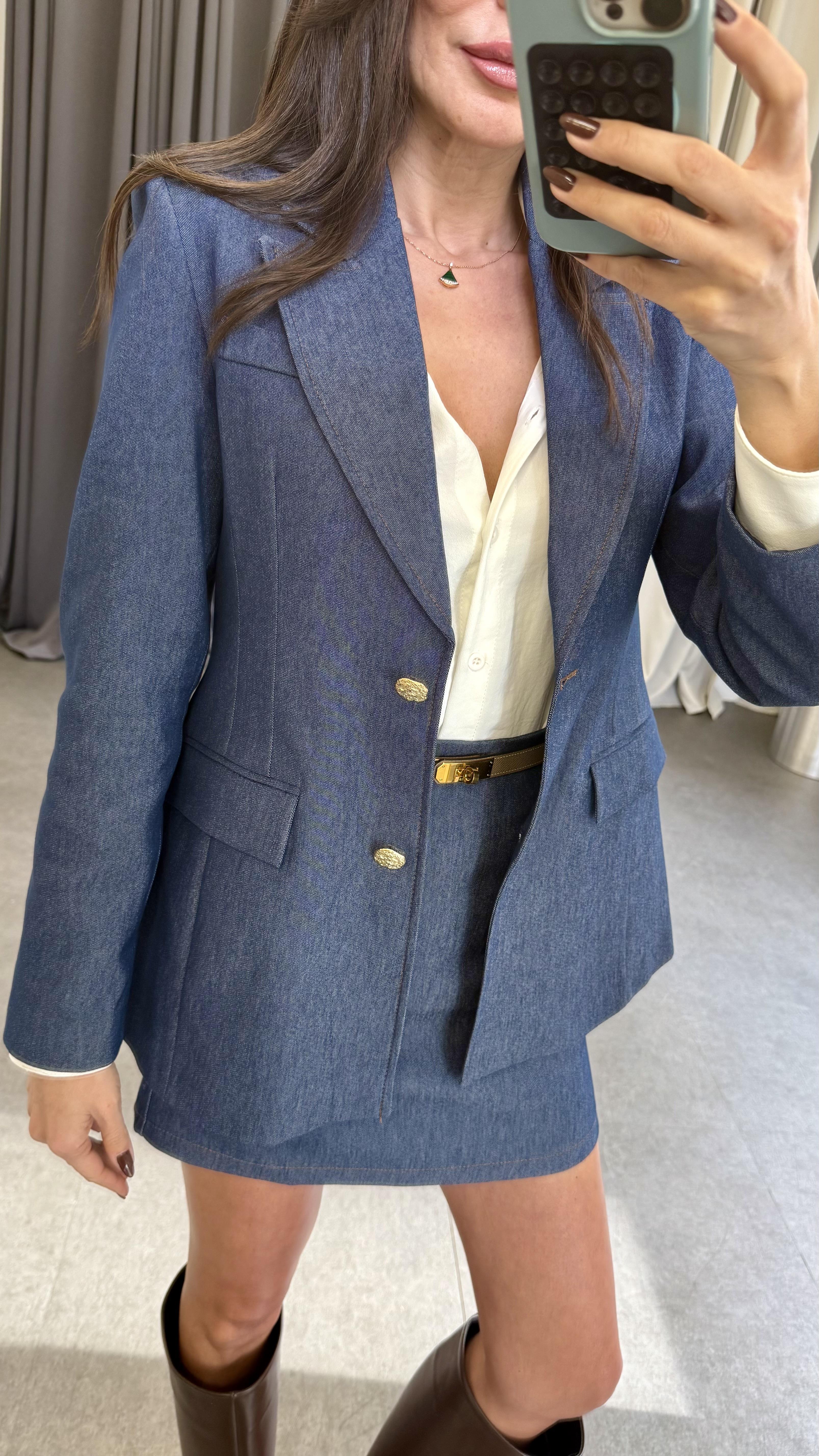 Lacivert Denim Etek Ceket Takım