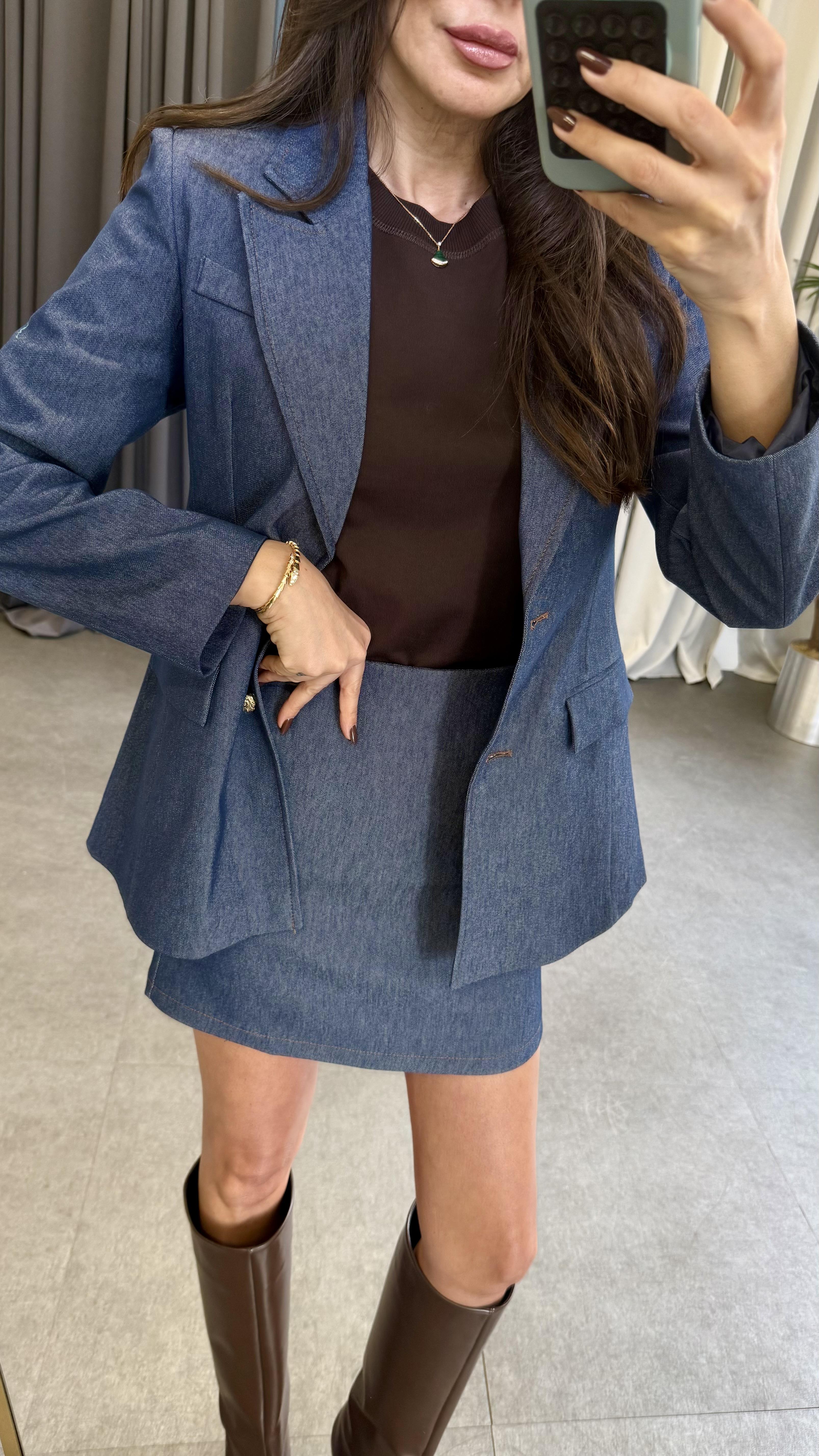 Lacivert Denim Etek Ceket Takım