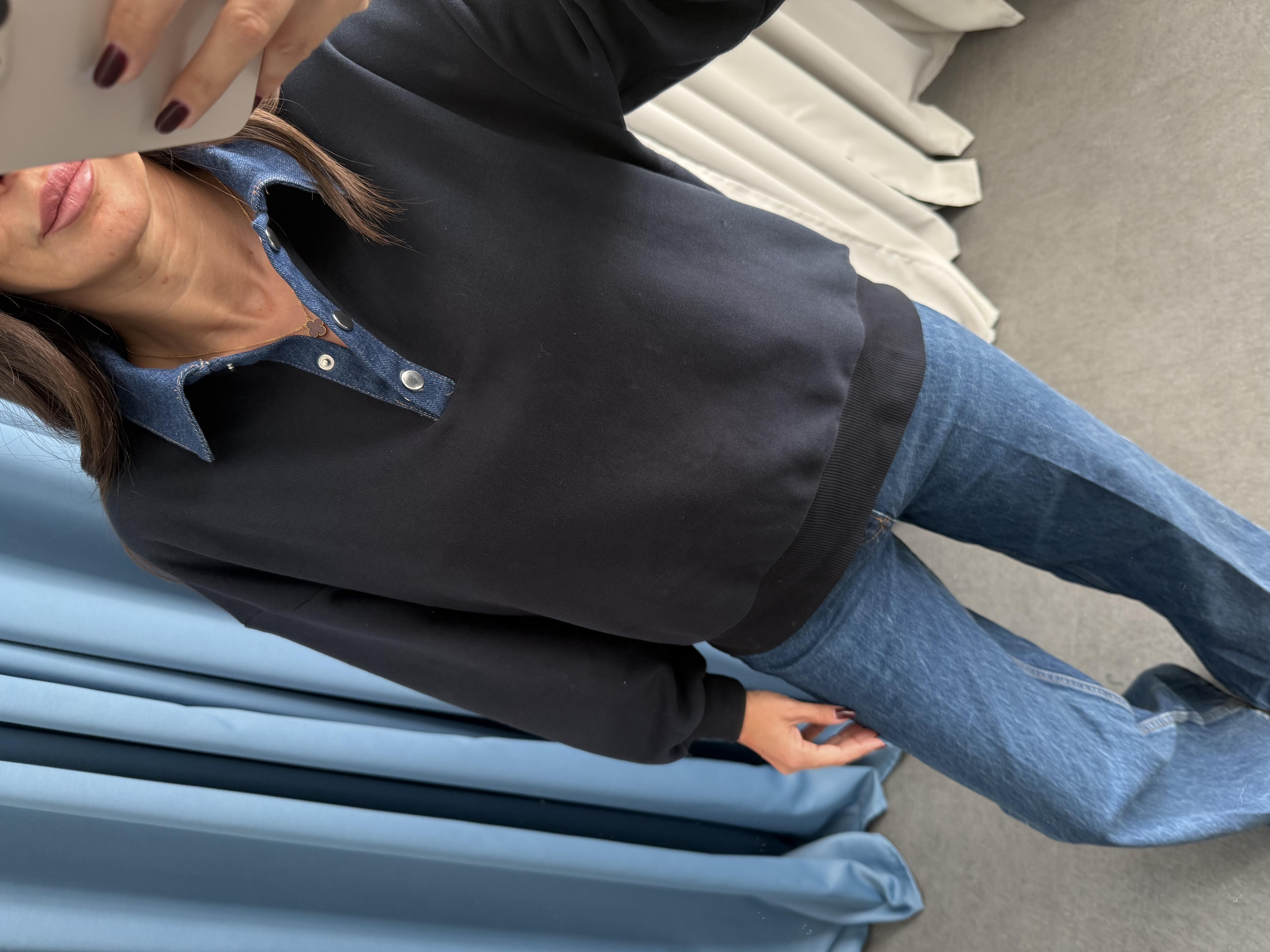 Lacivert Denim Polo Yaka Sweatshirt