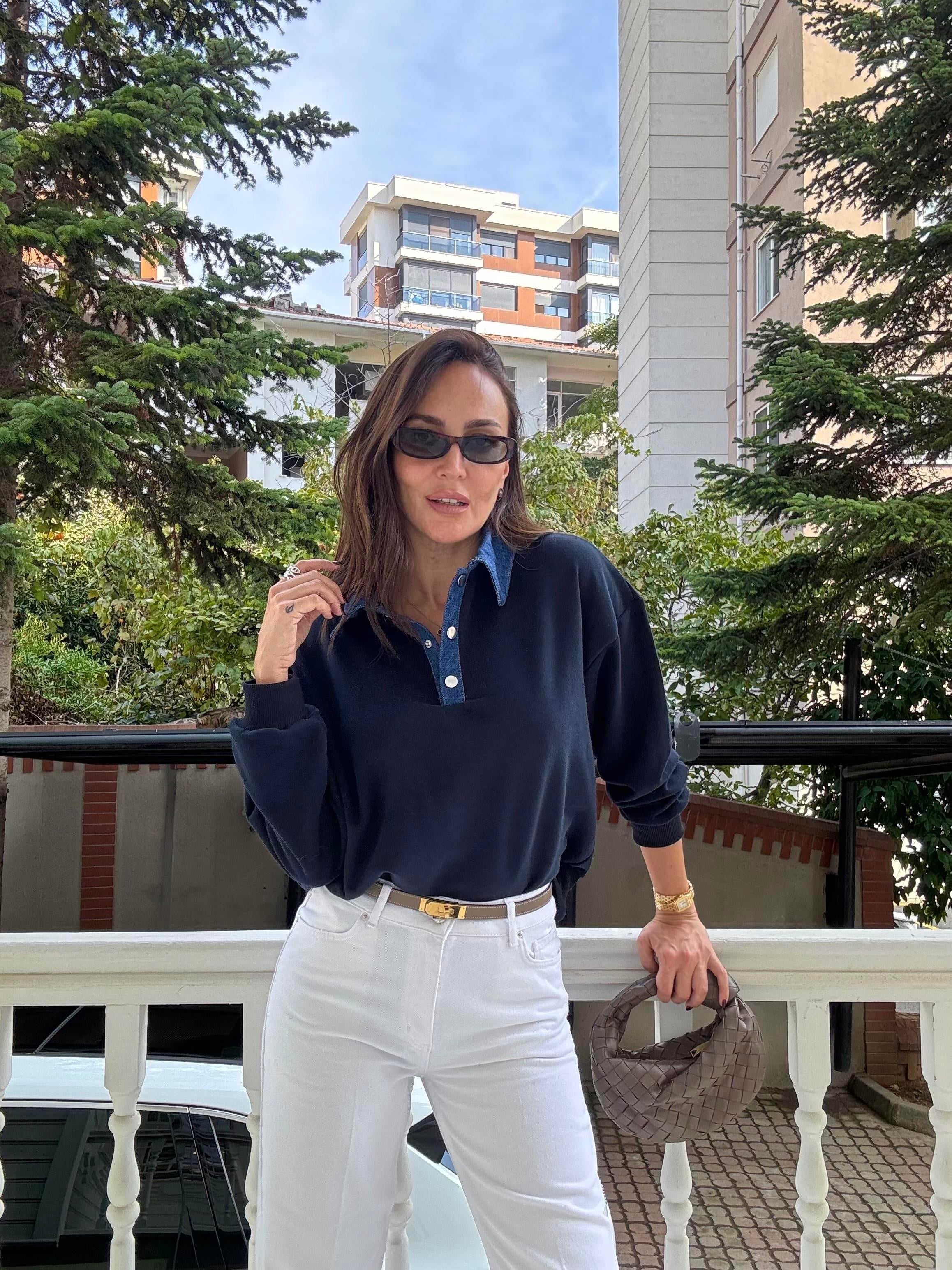 Lacivert Denim Polo Yaka Sweatshirt