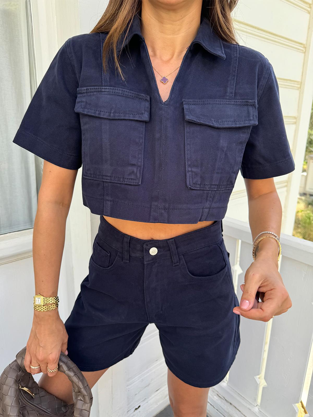 Lacivert Denim Şort Takım