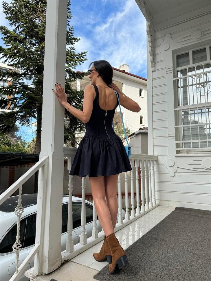 Lacivert Denim Volanlı Korse Elbise