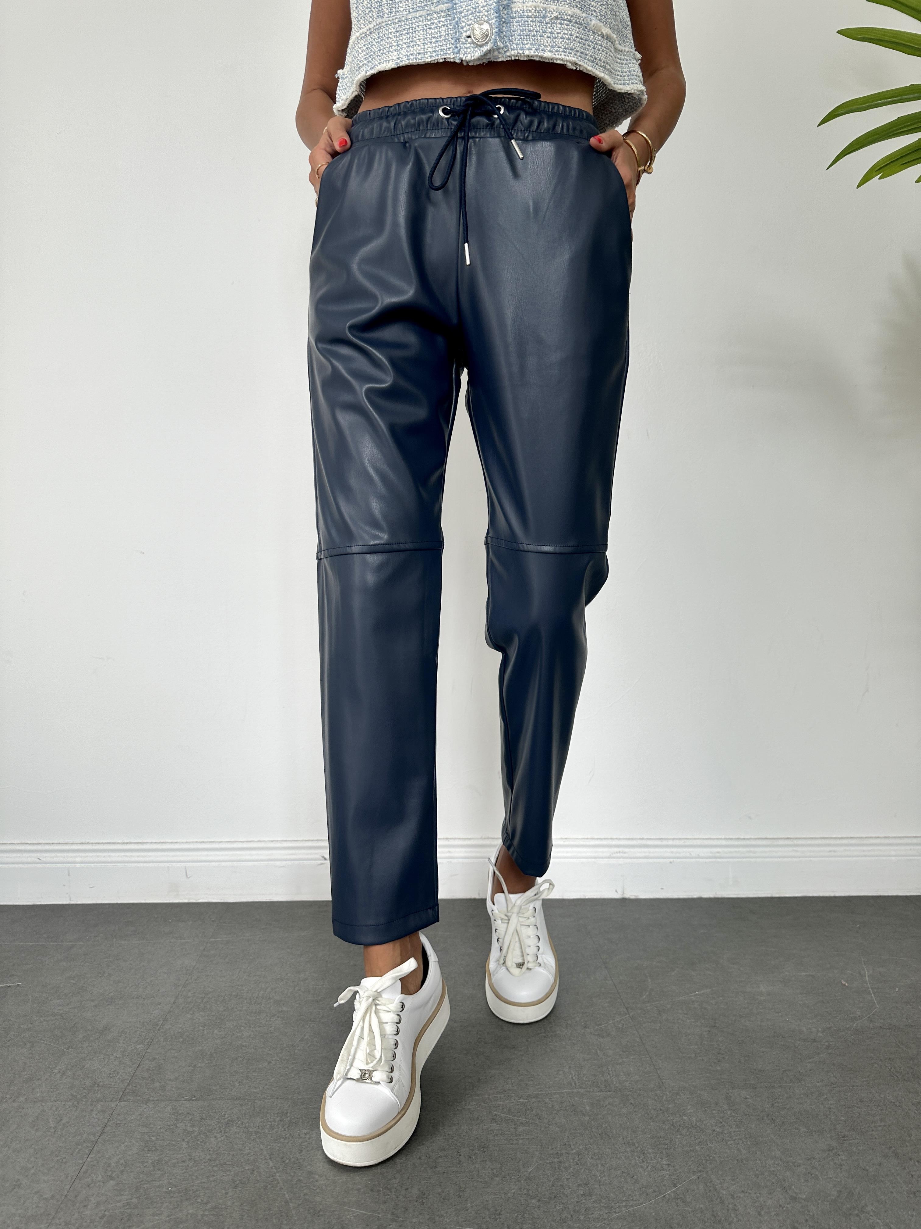 Lacivert Dizi Dikişli Bağcıklı ve Beli Lastikli Deri Pantolon