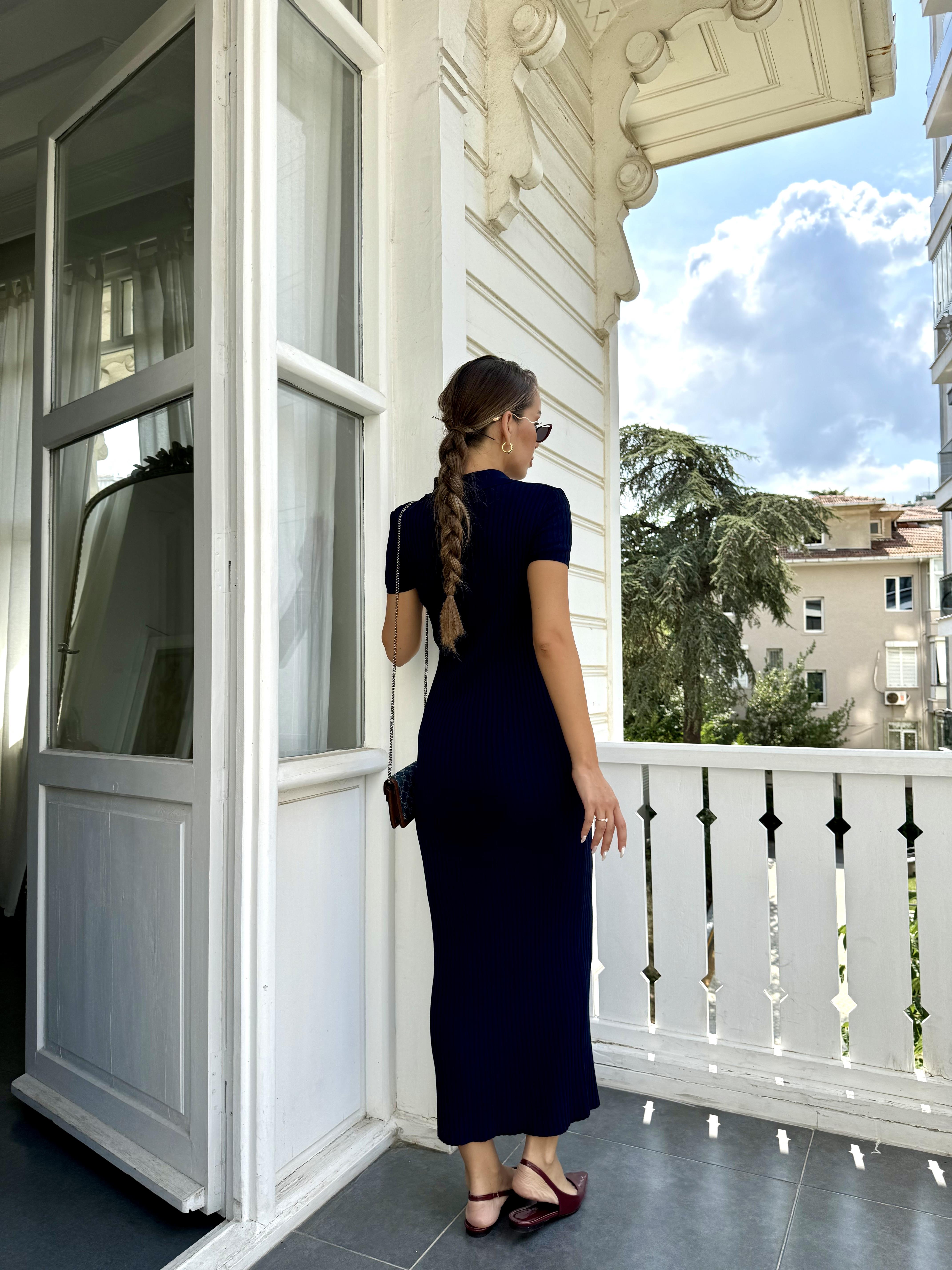 Lacivert Fitilli Yakalı Triko Elbise