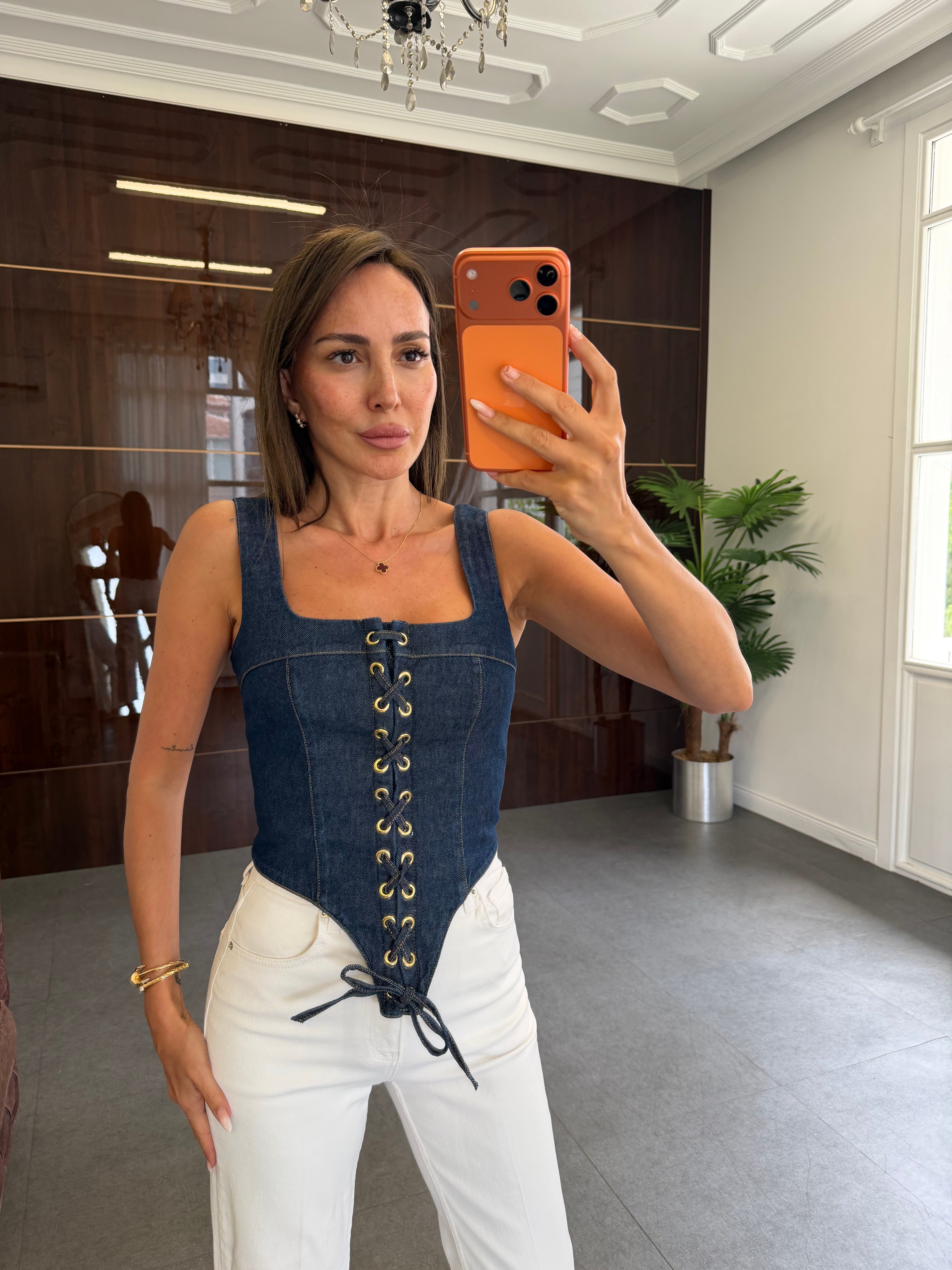 Lacivert Kalın Askılı Jean Korse Bluz