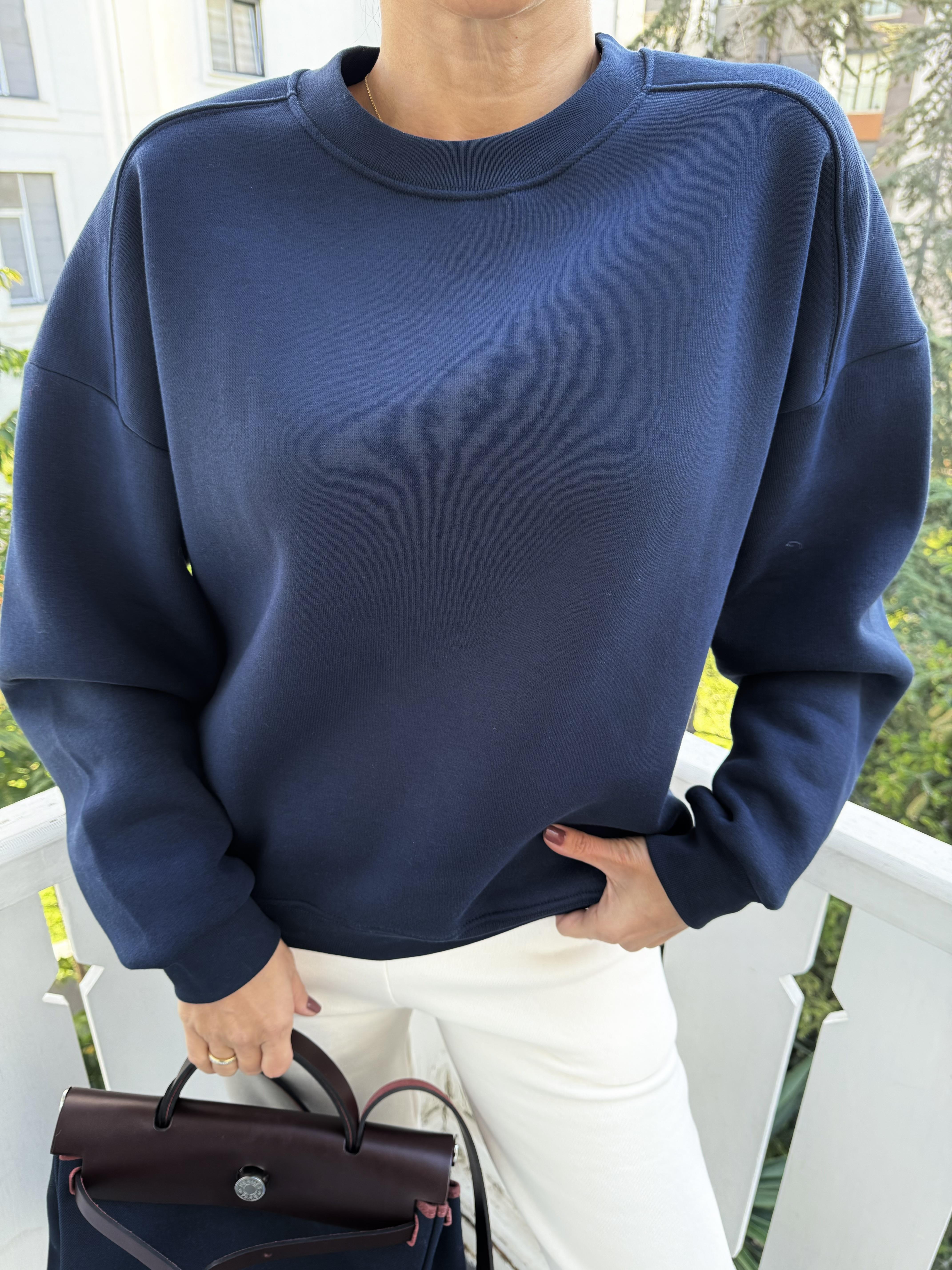 Lacivert Kanallı Düz Sweat