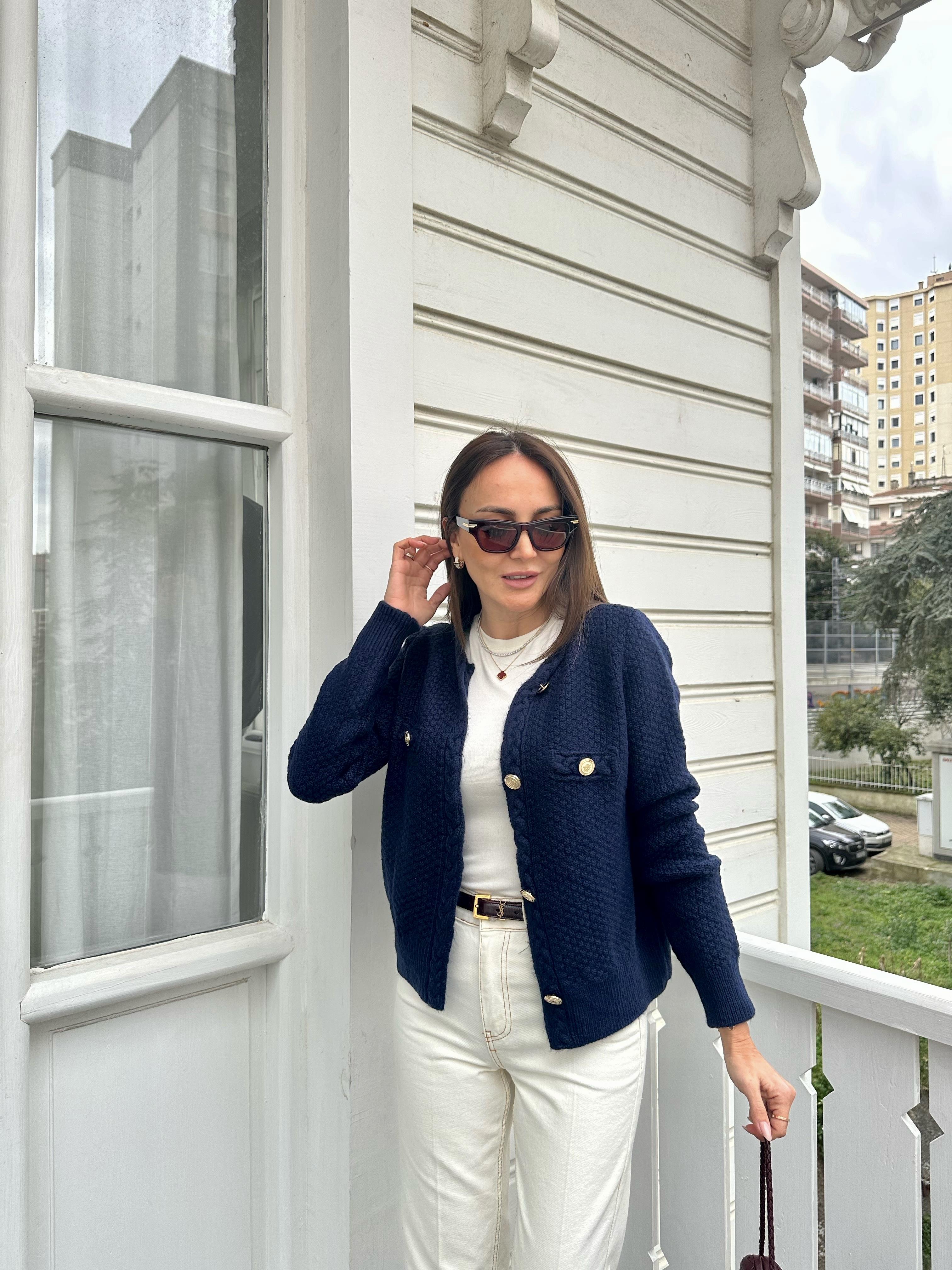Lacivert Kendinden Saç Örgülü Düğmeli Hırka