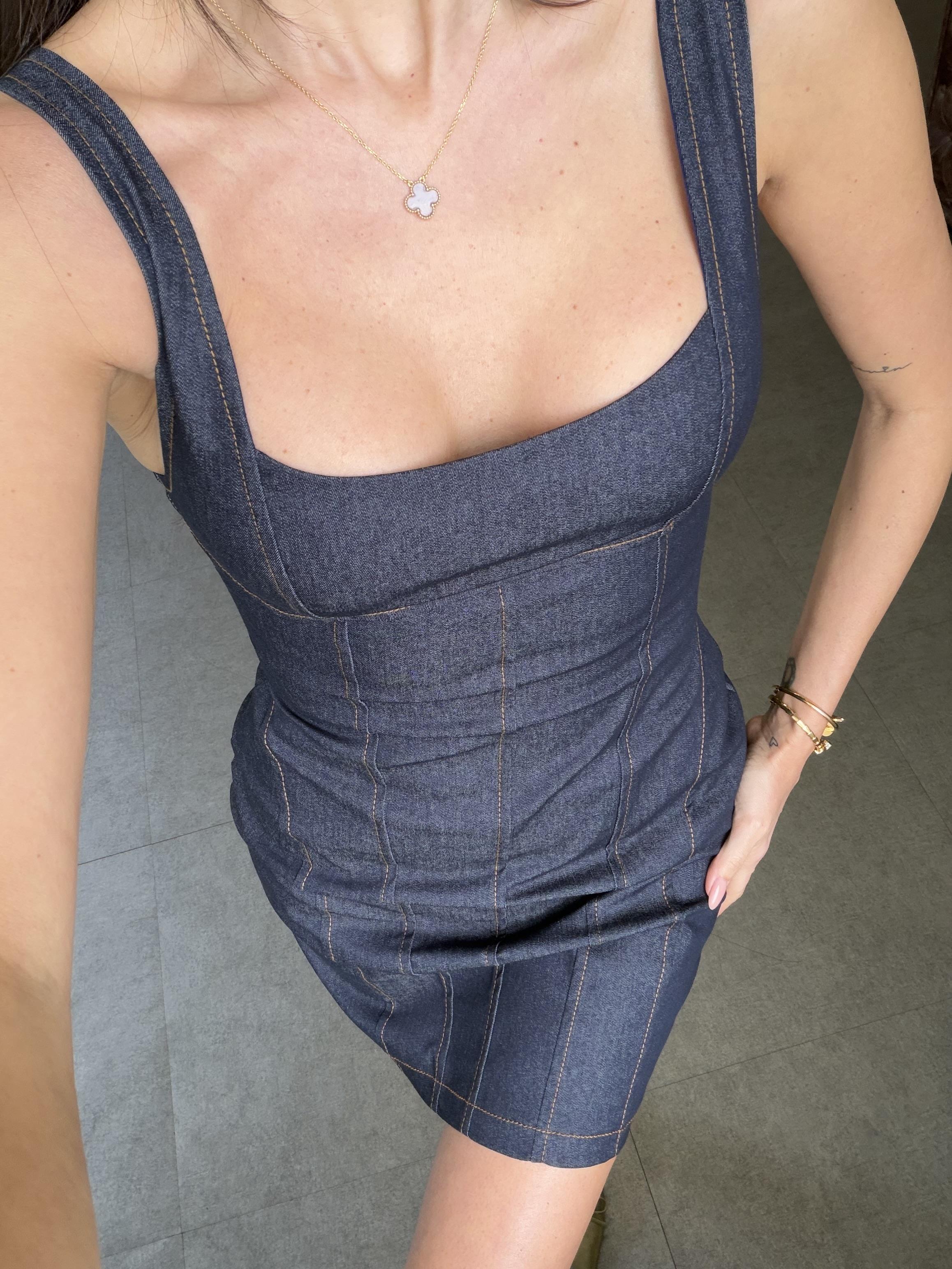 Lacivert Korse Model Gabardin Denim Elbise