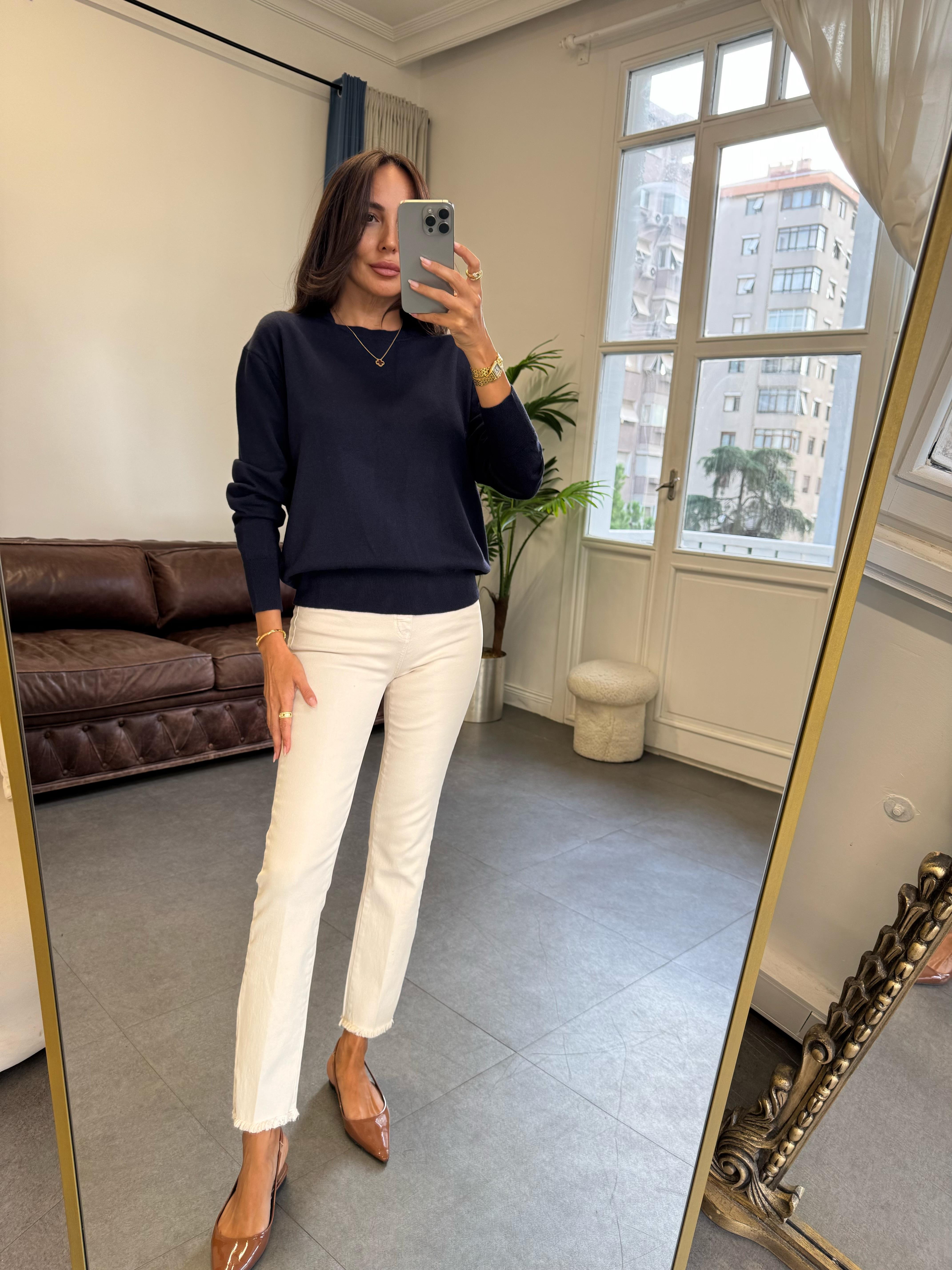 Lacivert Melanj Bisiklet Yaka Yünlü Basic Triko Kazak