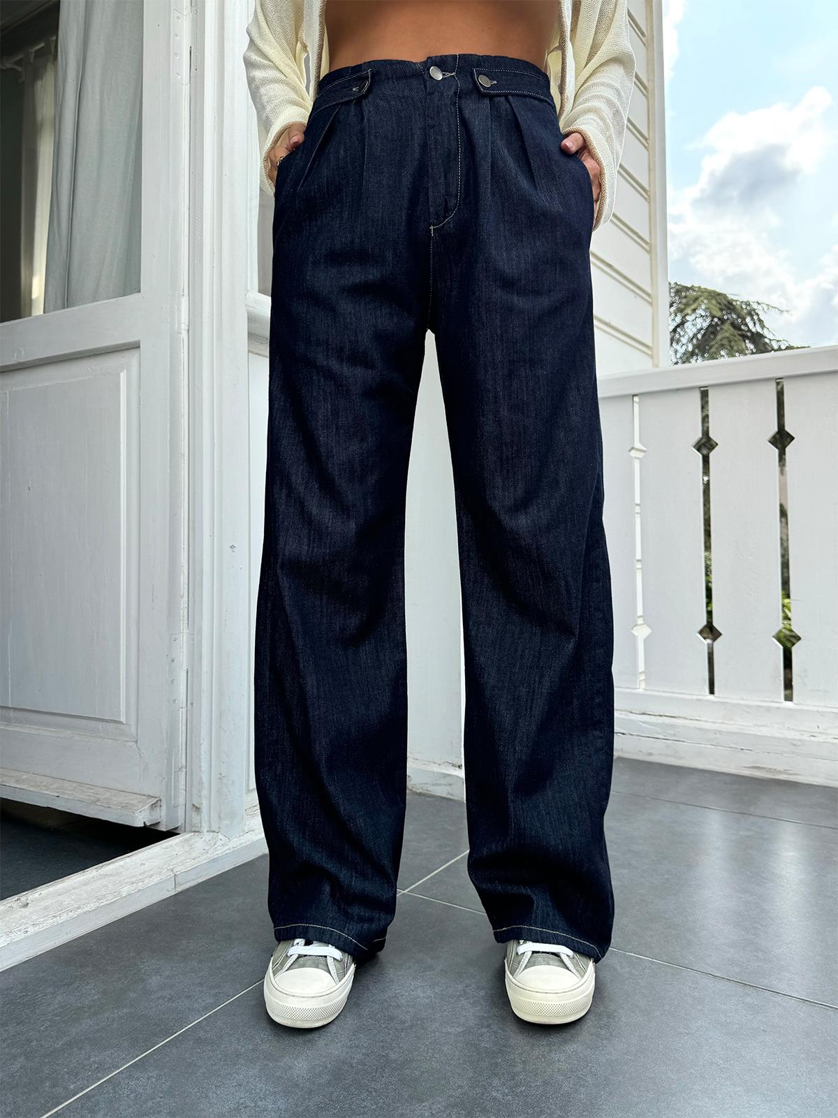 Lacivert Denim Palazzo Pantolon