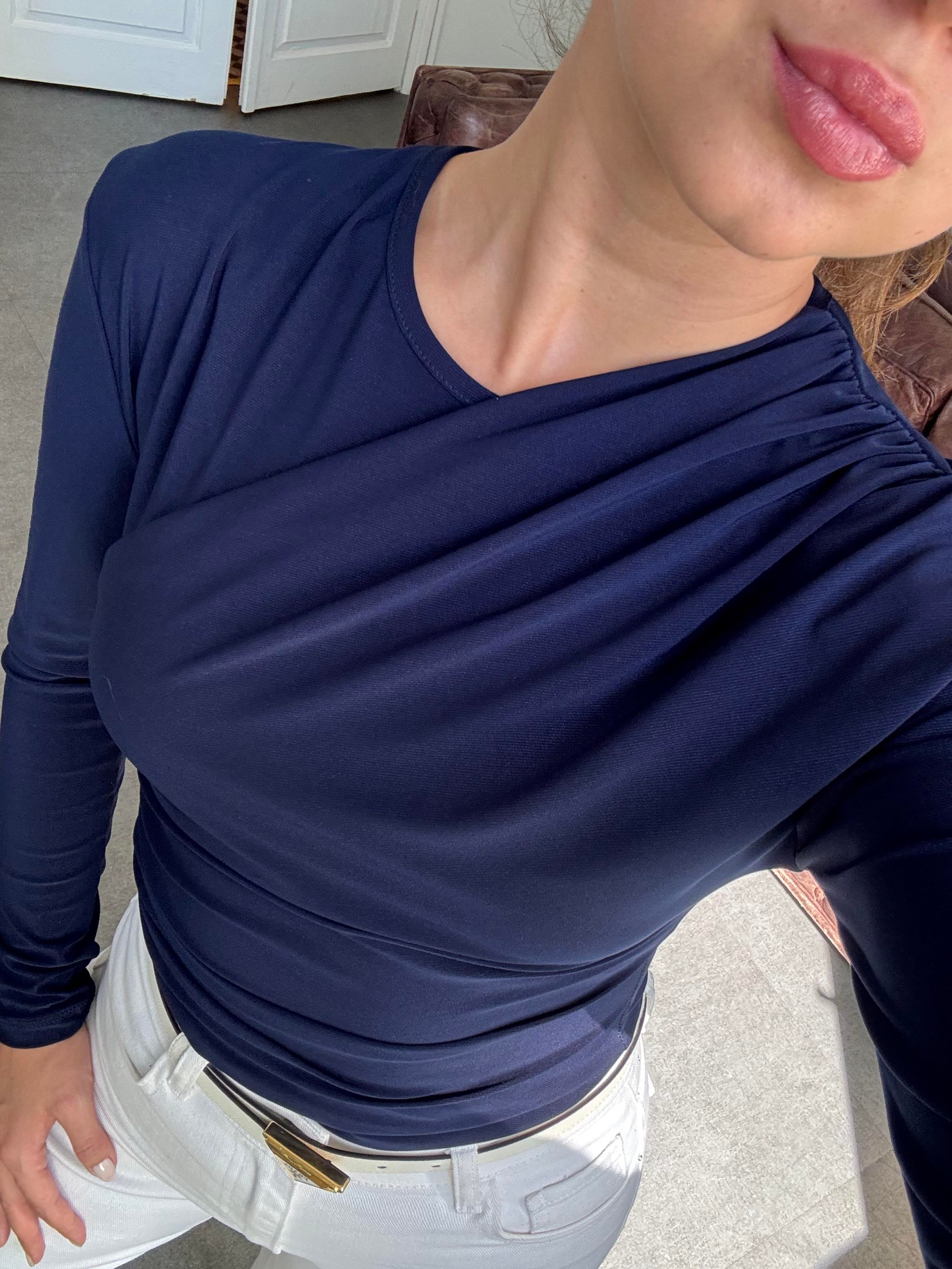 Lacivert Sandy Yan Büzgülü Bluz