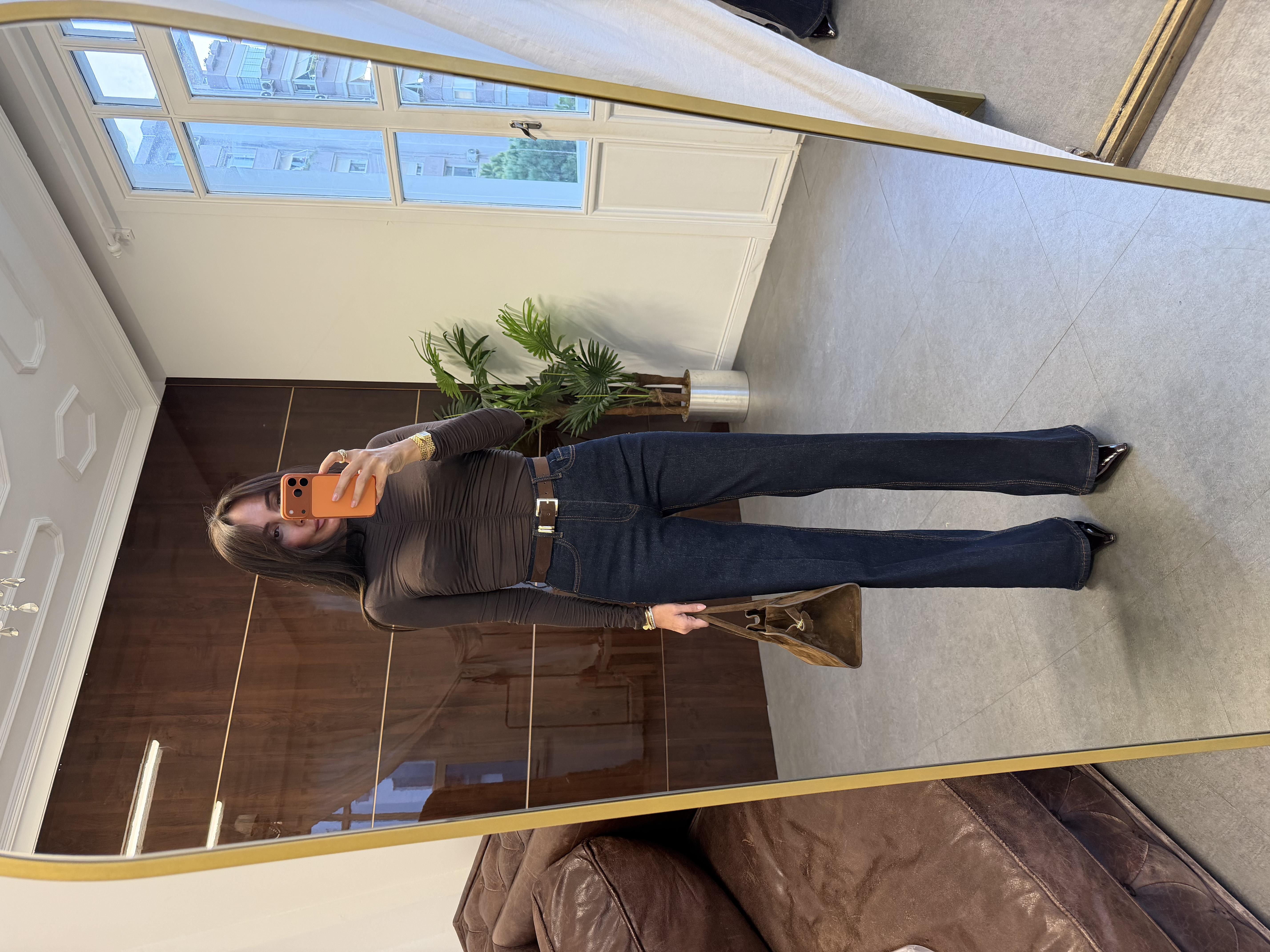 Lacivert Süet Kemerli Wide-Leg Jean Pantolon