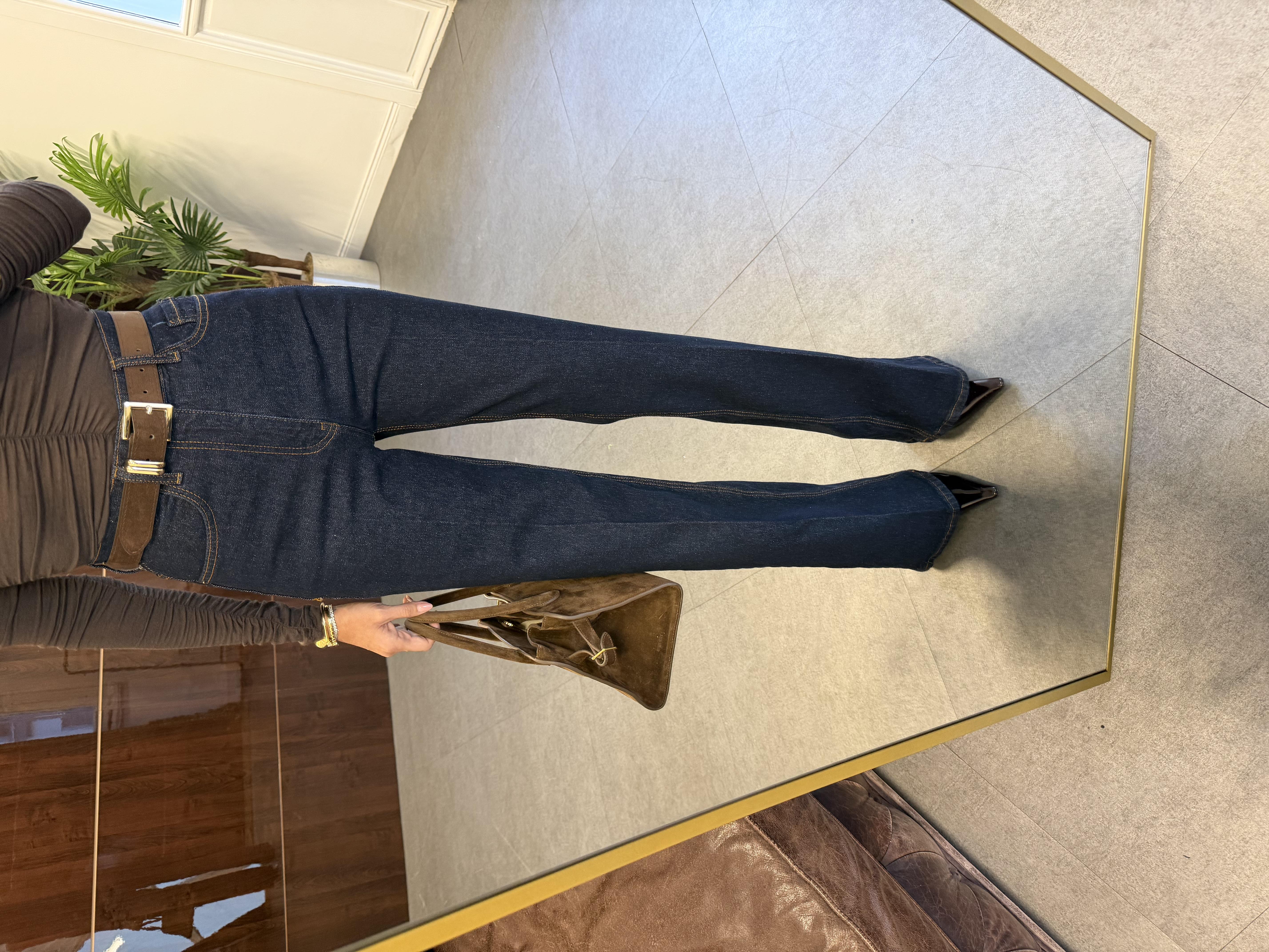 Lacivert Süet Kemerli Wide-Leg Jean Pantolon