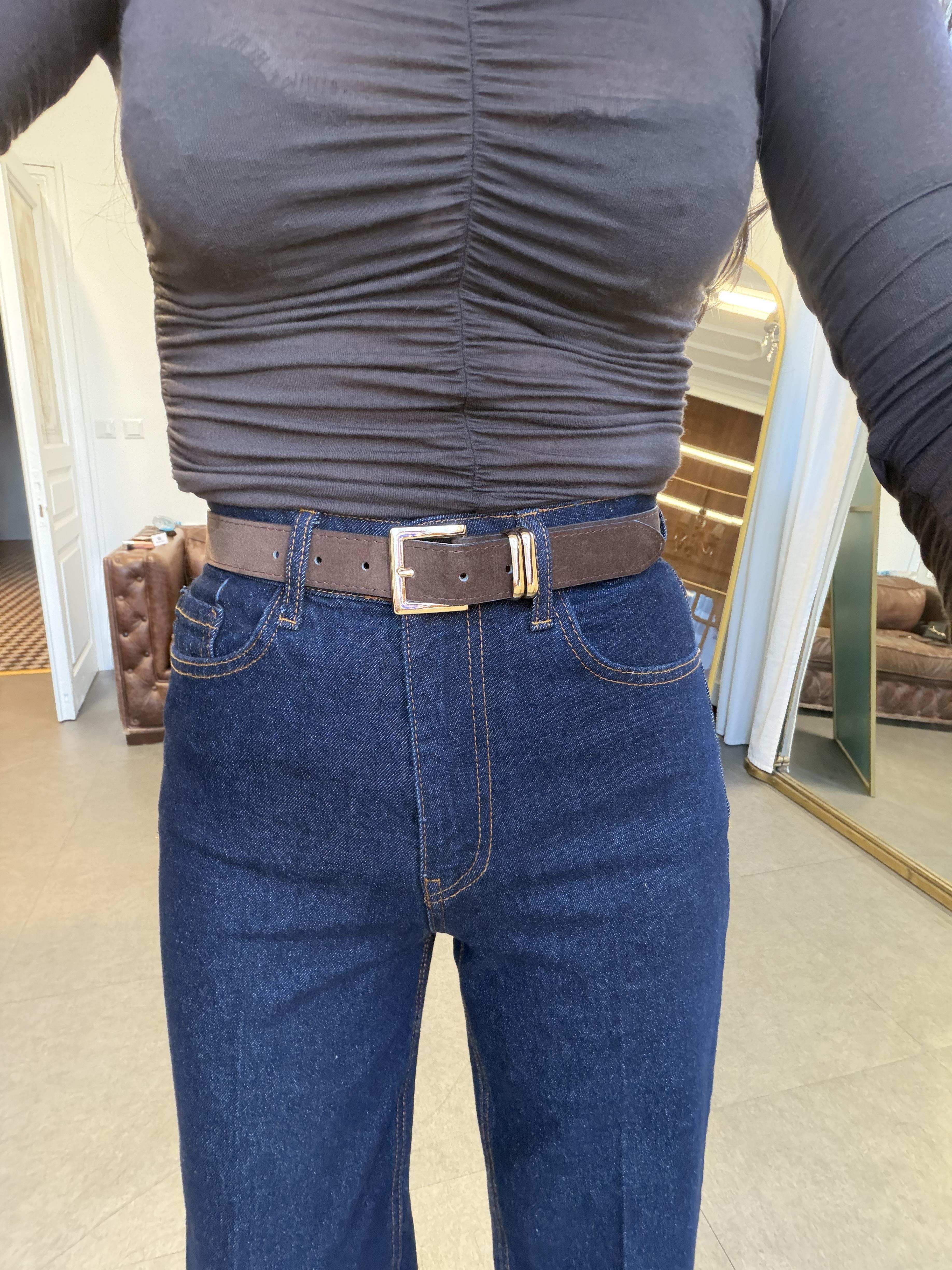 Lacivert Süet Kemerli Wide-Leg Jean Pantolon