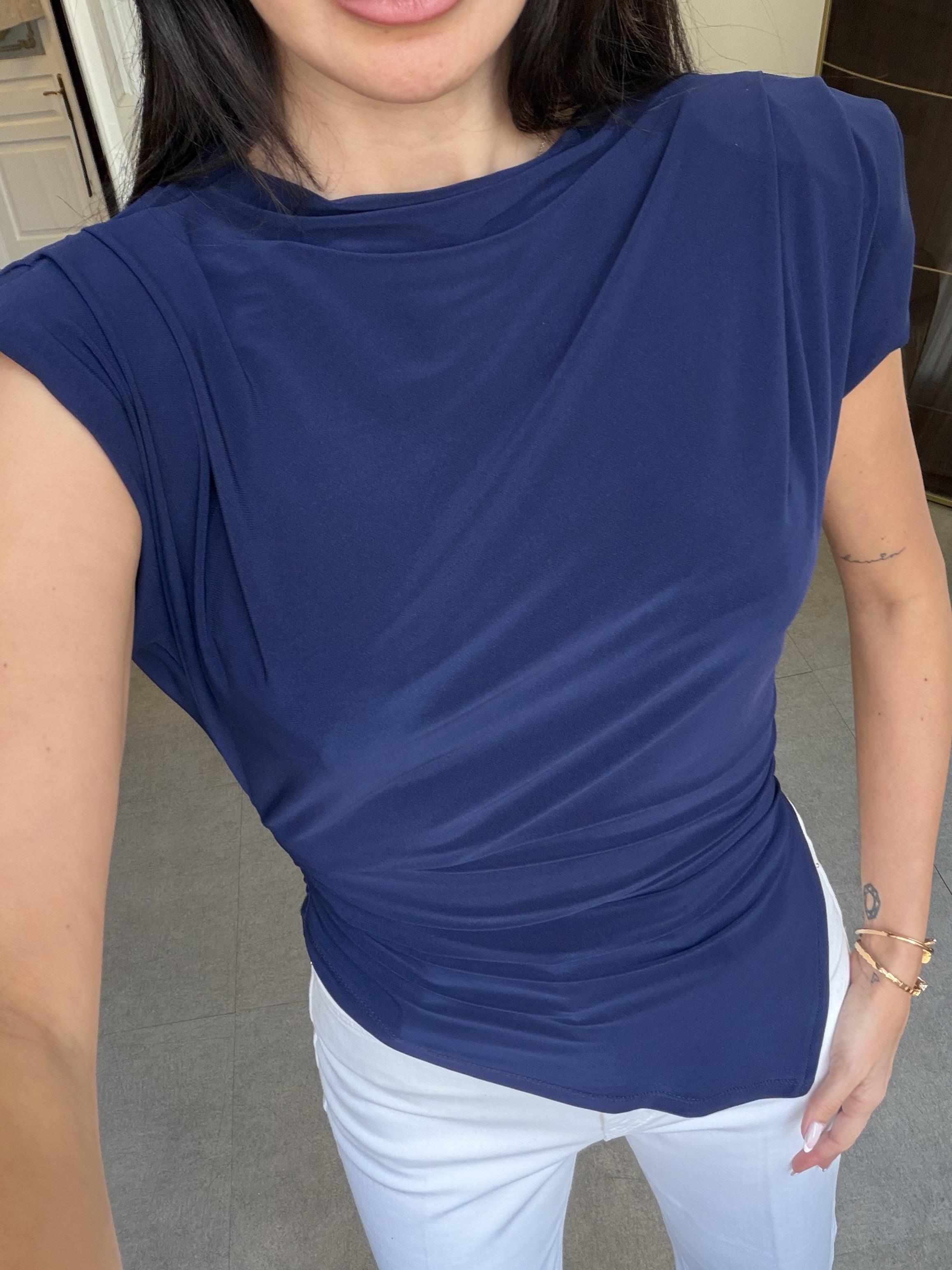 Lacivert Vatkalı Pileli Bluz