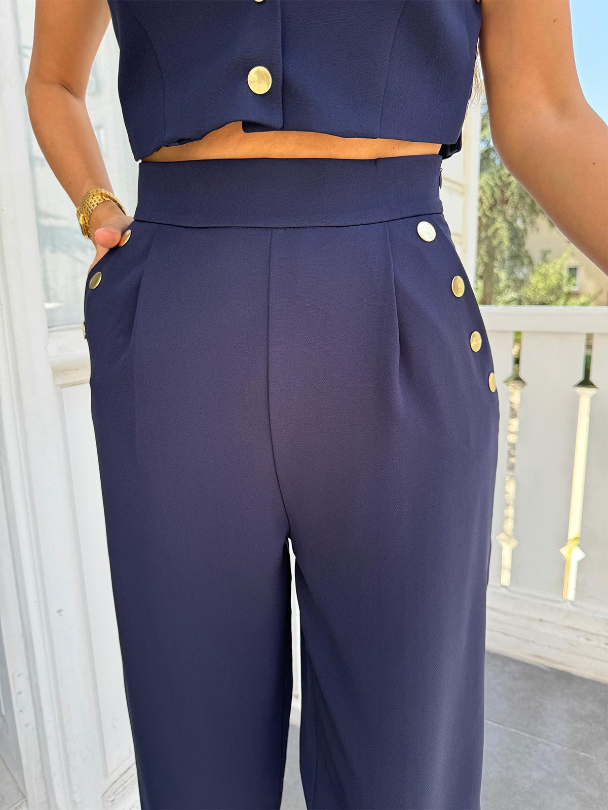 Lacivert Gold Düğmeli Yelek Pantolon Takım