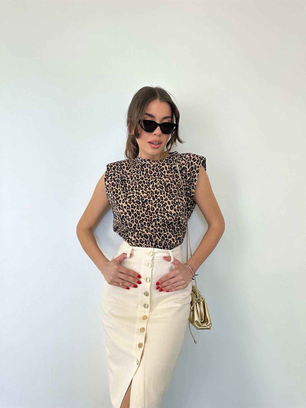 Leopar Desen Tişört Bej