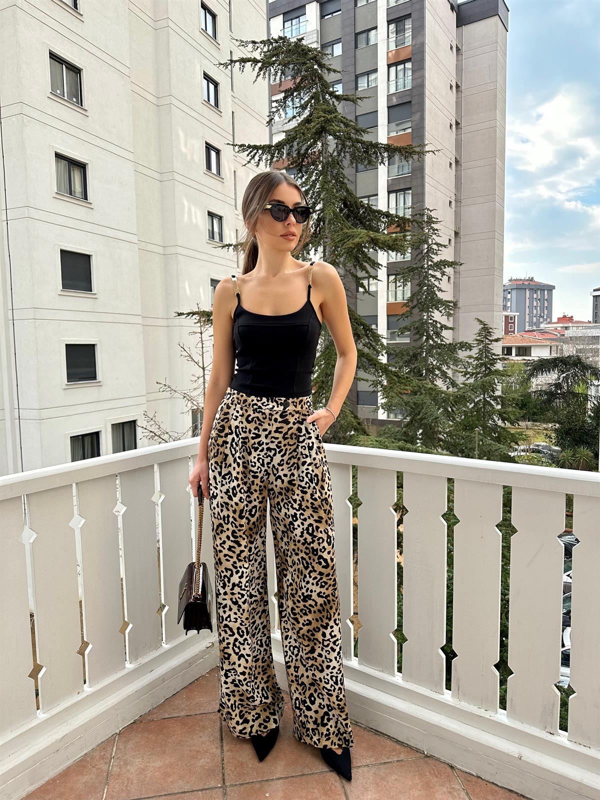 Leopar Desenli Palazzo Pantolon Bej