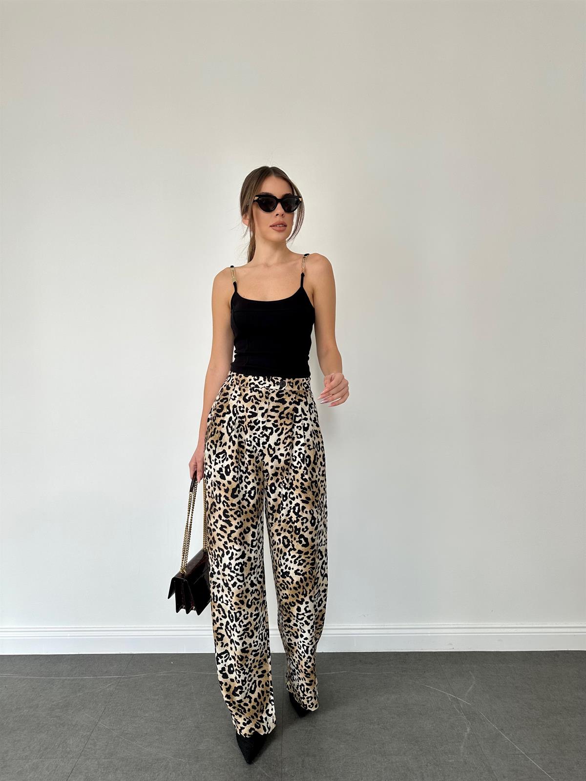 Leopar Desenli Palazzo Pantolon Bej