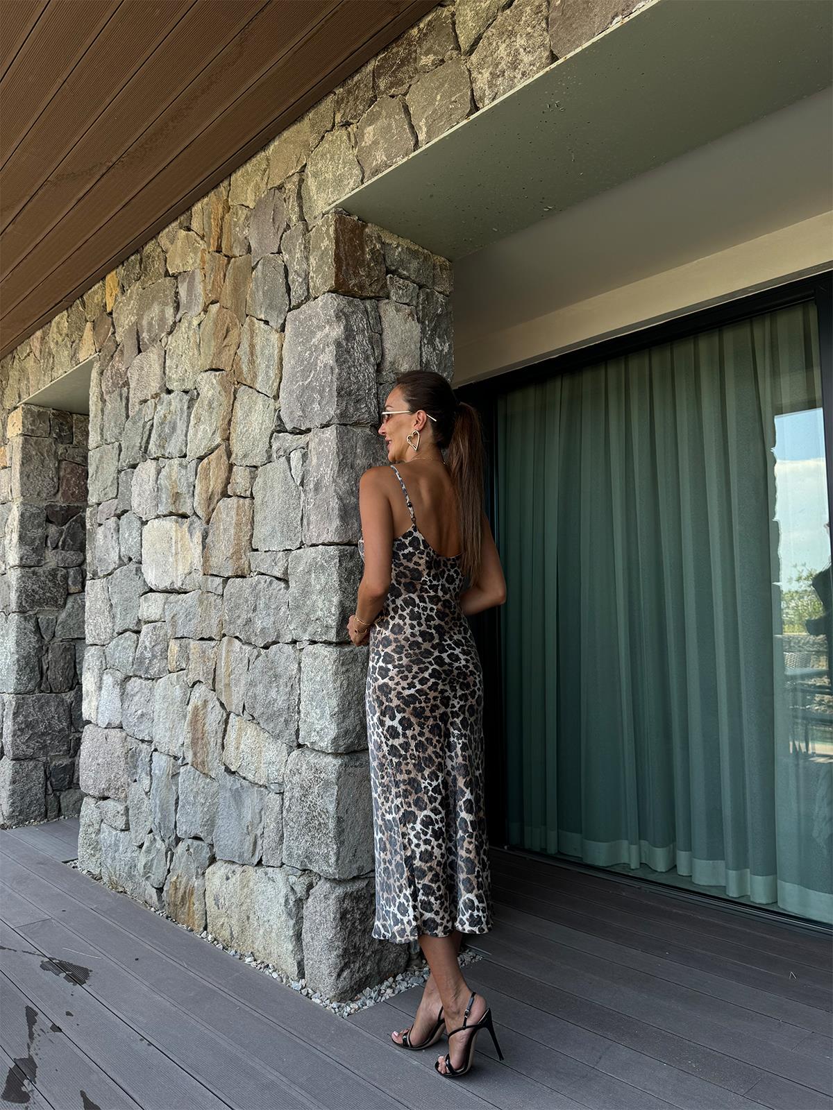 Leopar Saten Dokulu Elbise