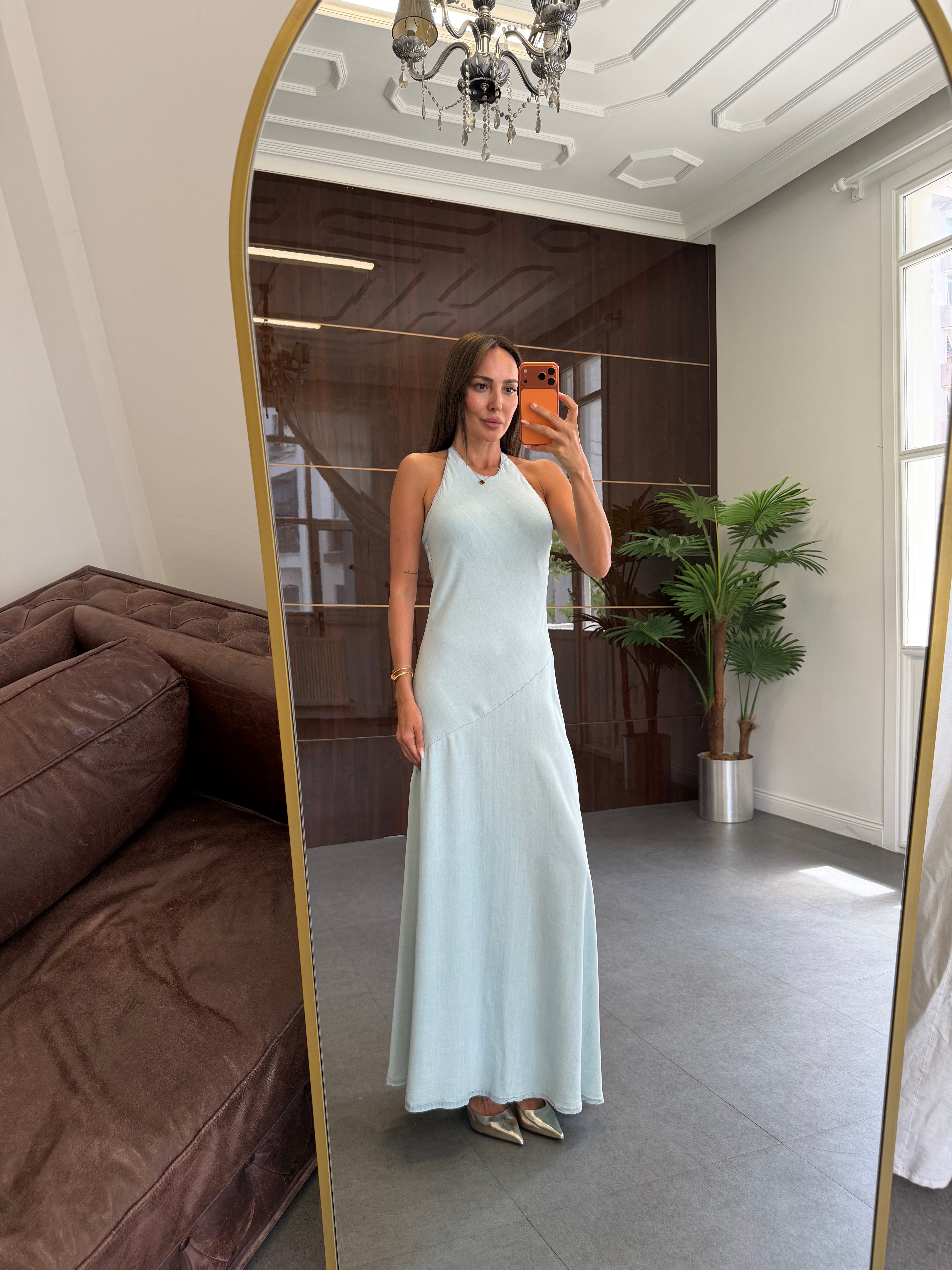 Mavi Çıtçıtlı Tencel Elbise