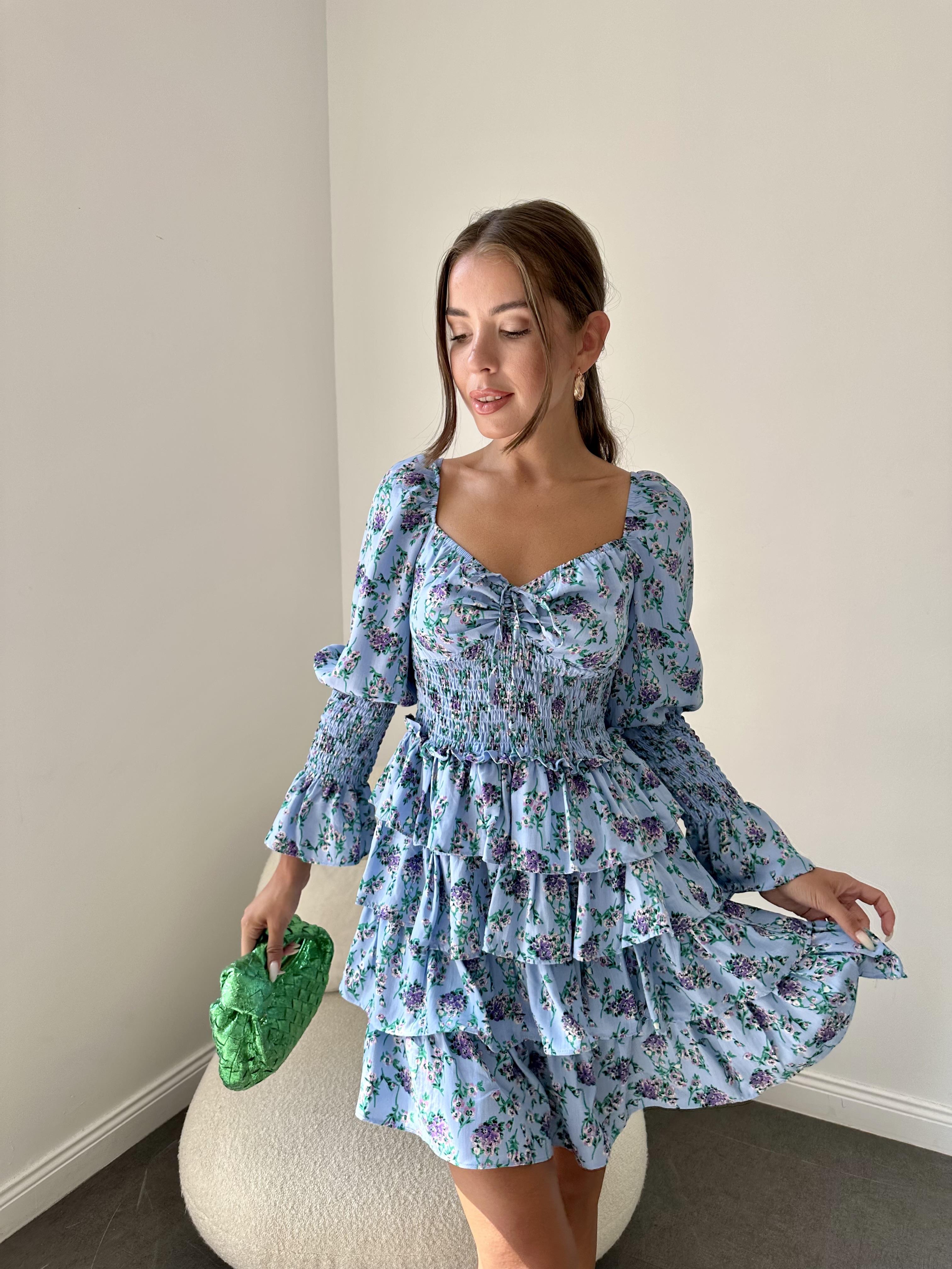 Mavi Çıtır Desen Katlı Elbise