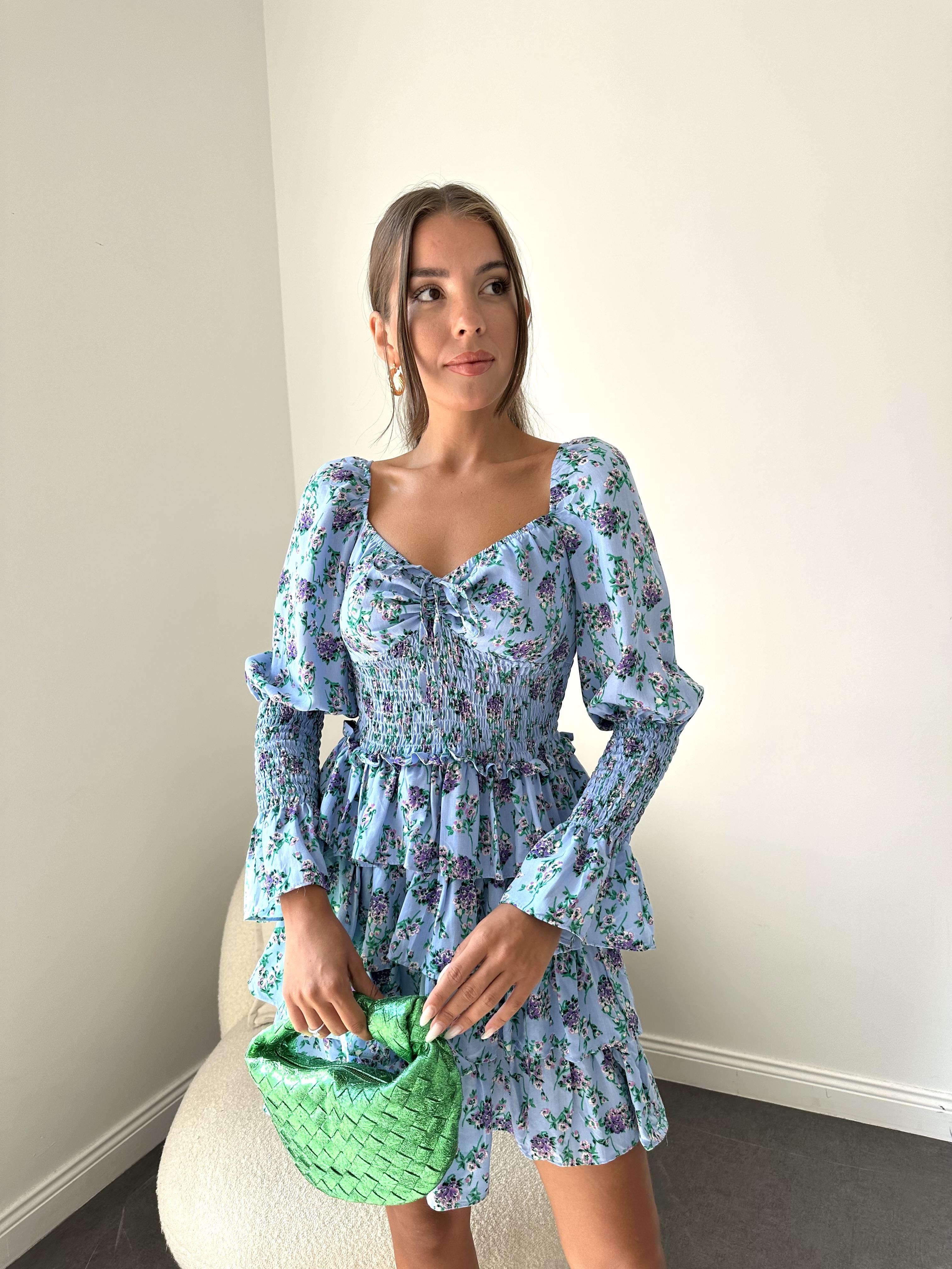 Mavi Çıtır Desen Katlı Elbise