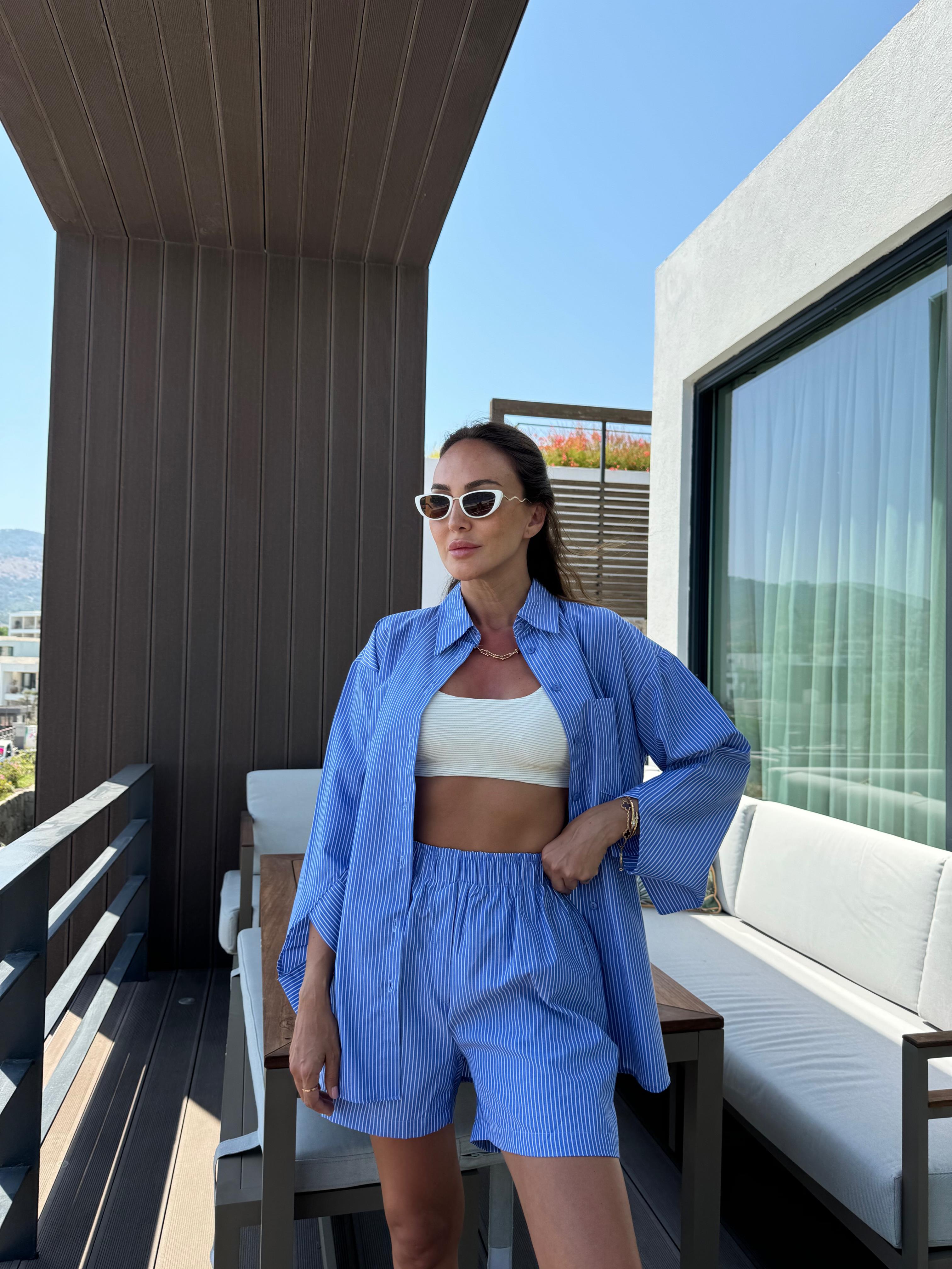 Mavi Çizgili Gömlek Şort Takım