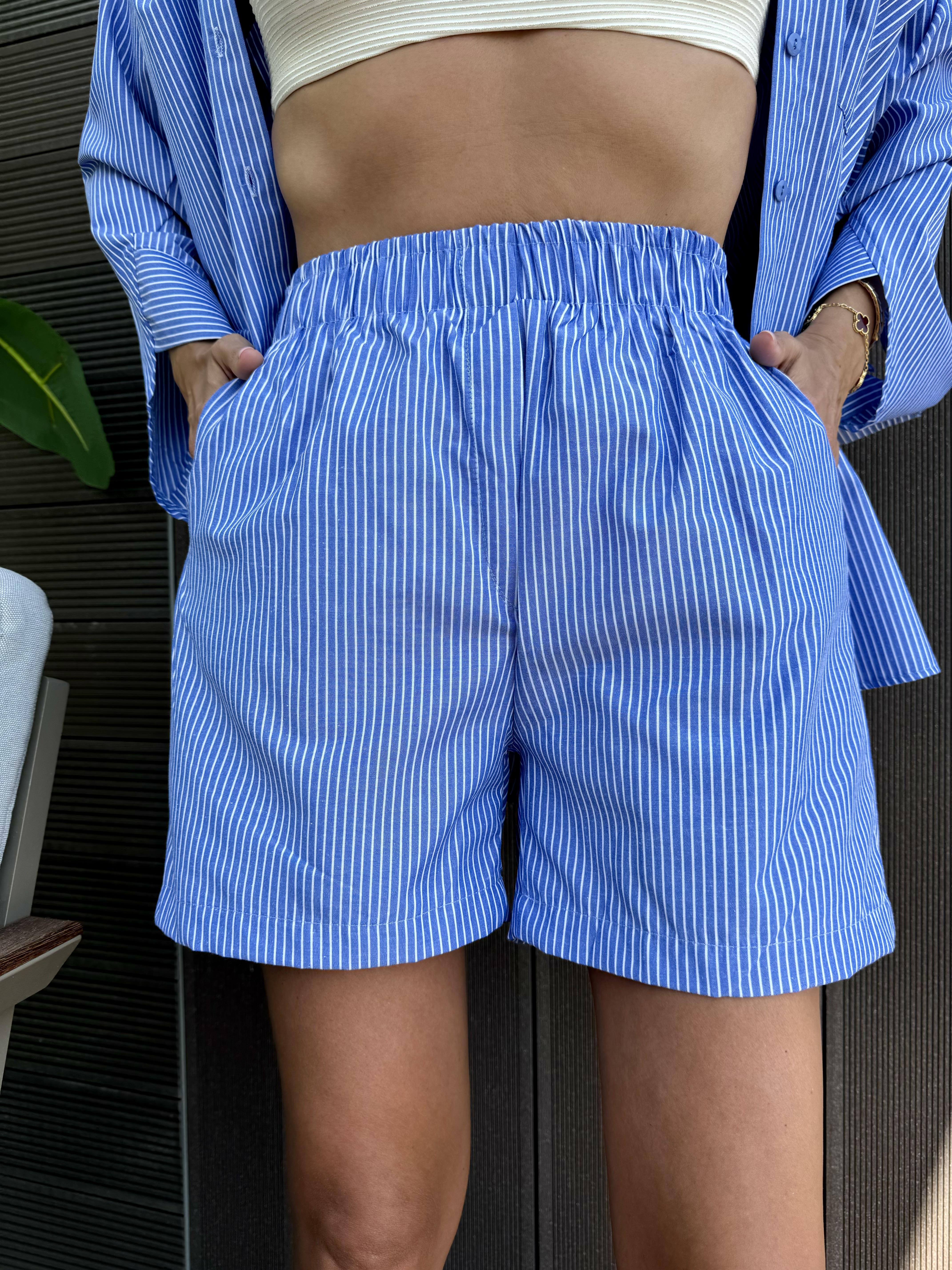 Mavi Çizgili Gömlek Şort Takım