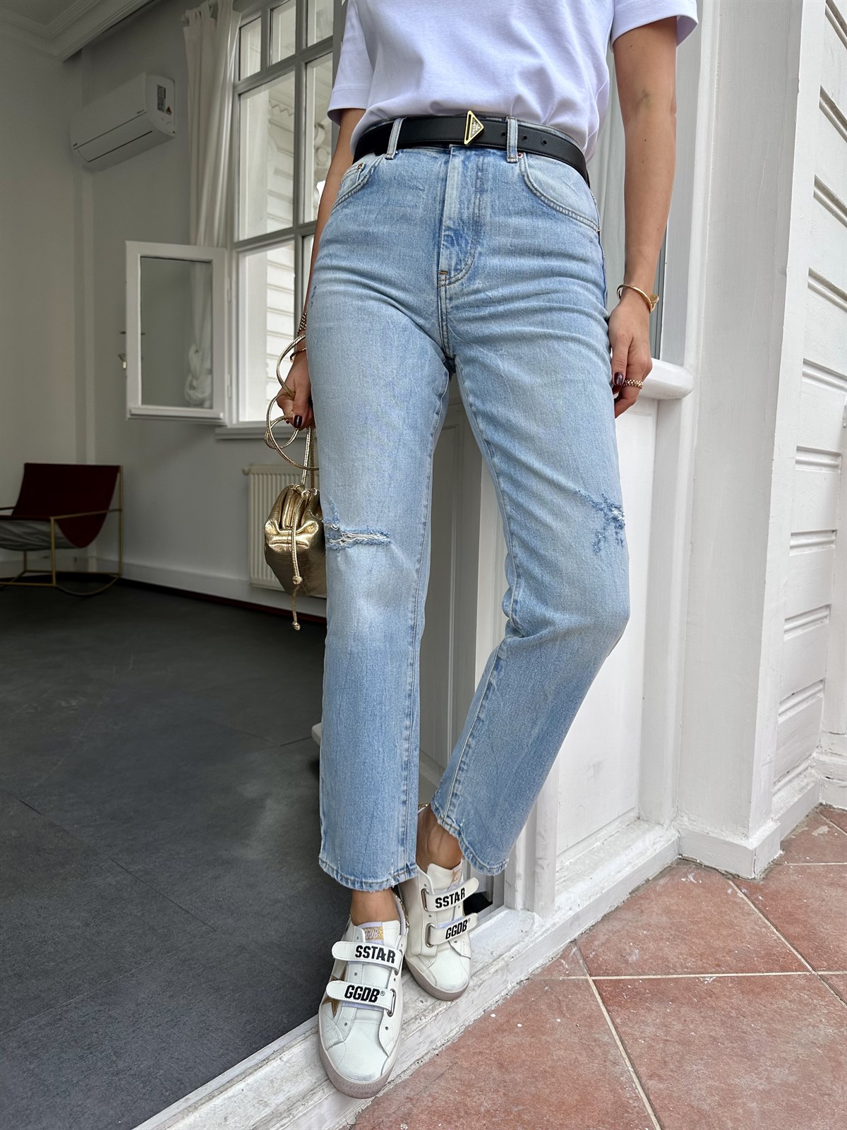 Mavi Dizi Lazer Kesik Mom Jean