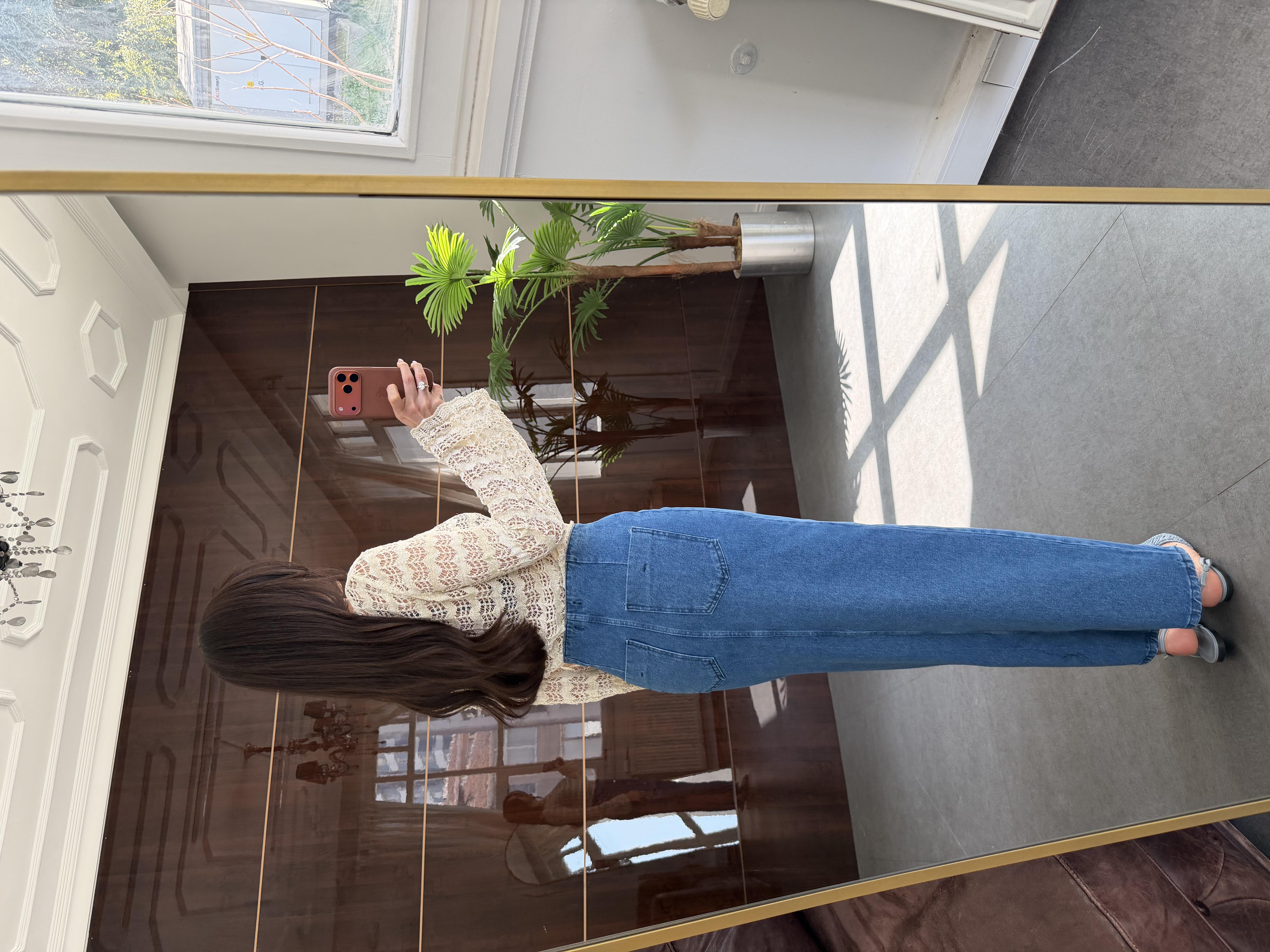 Mavi Düğmeli Yırtmaçlı Midi Kot Etek