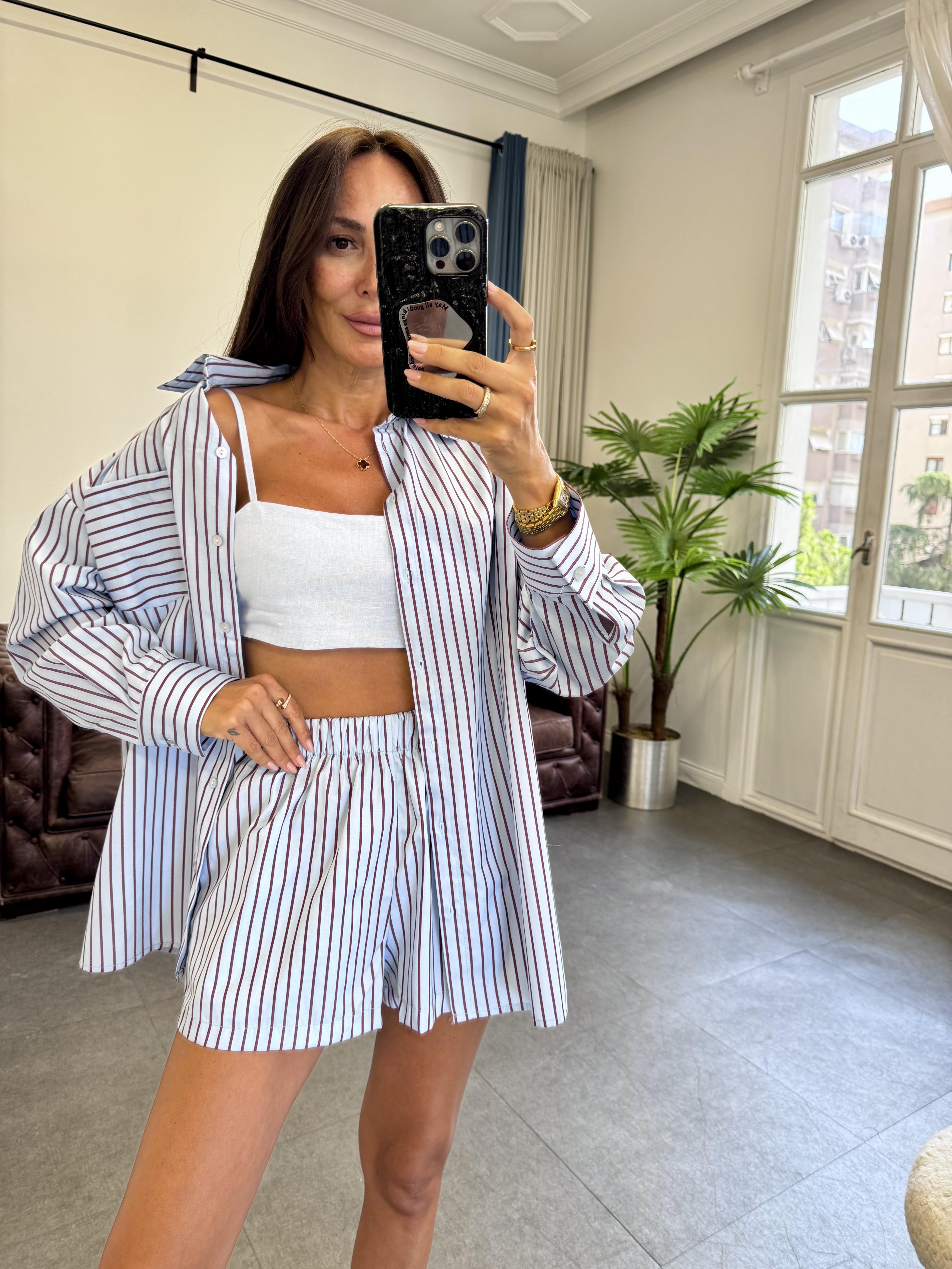 Mavi Glam Çizgili Kadın Takım