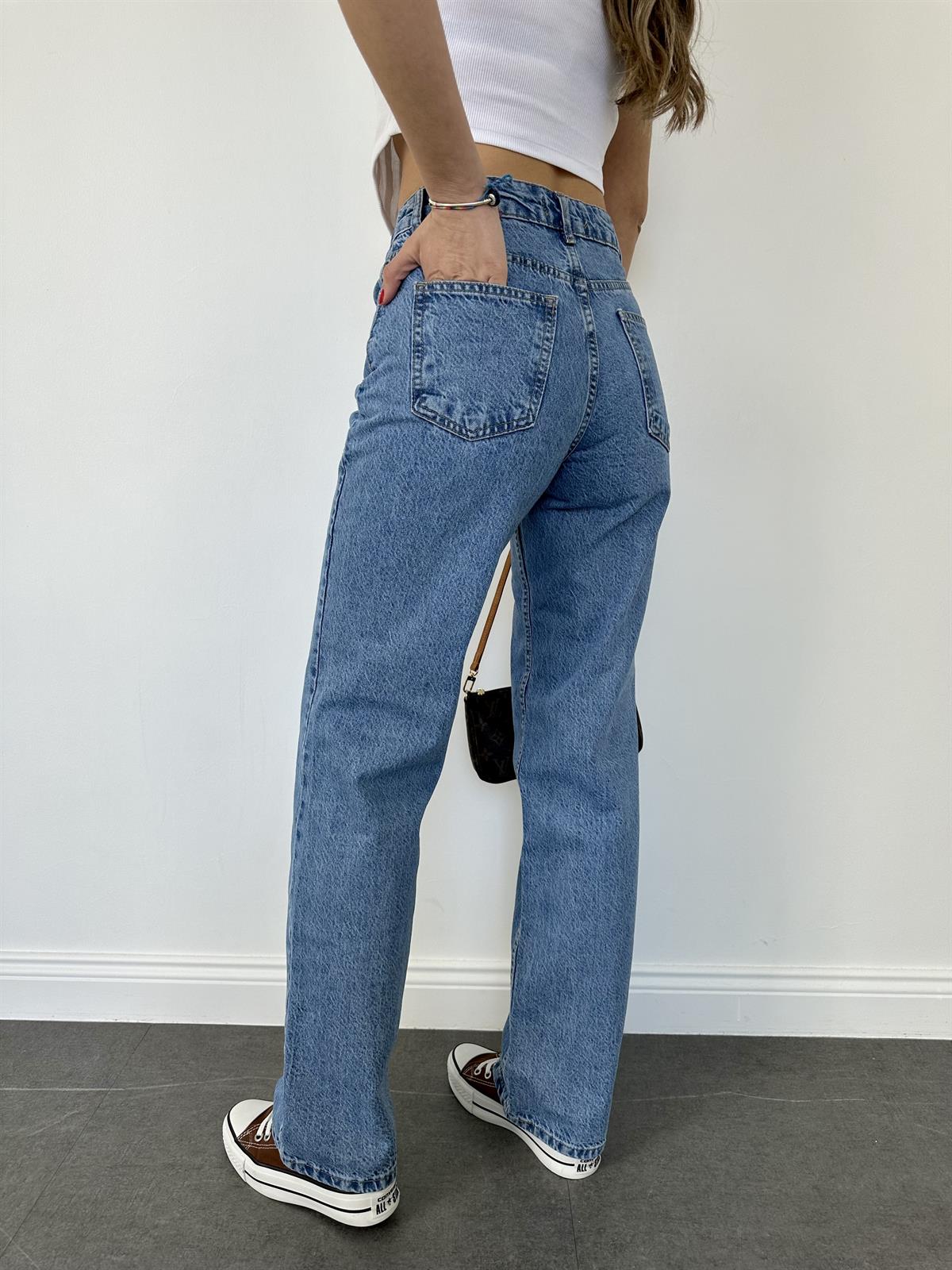 Mavi Kırıklı Kumaş Orta Renk Straight Pantolon