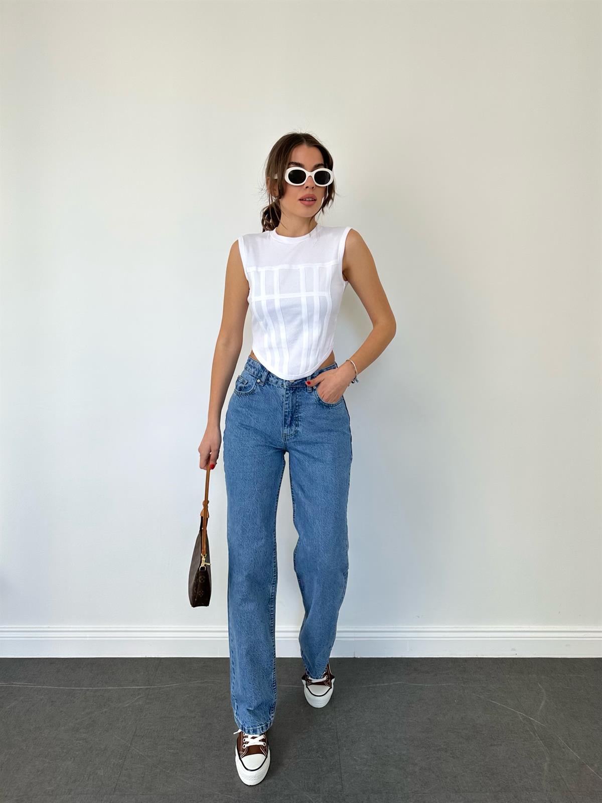 Mavi Kırıklı Kumaş Orta Renk Straight Pantolon
