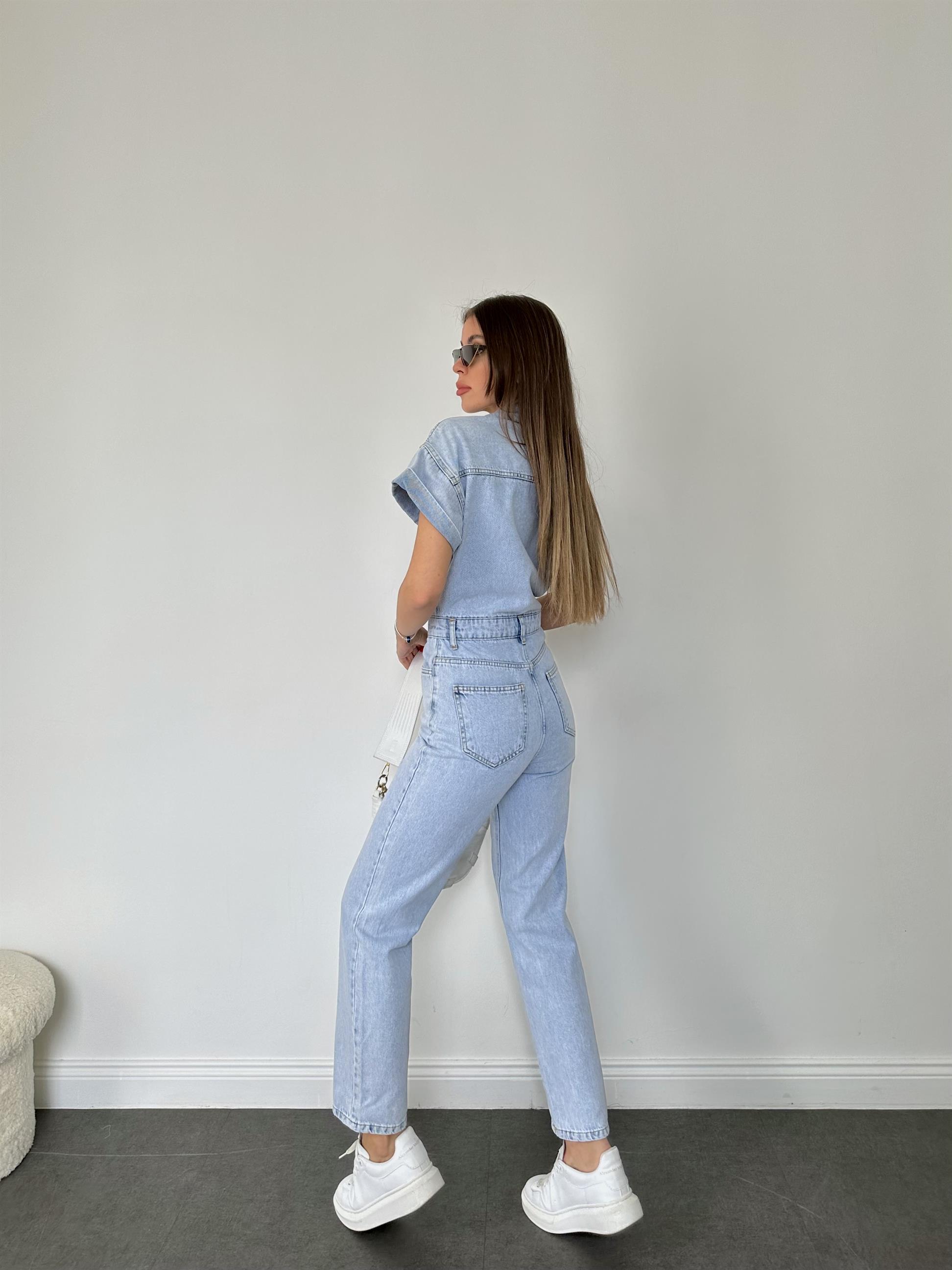 Mavi Kısa Kollu Kar Yıkama Tulum